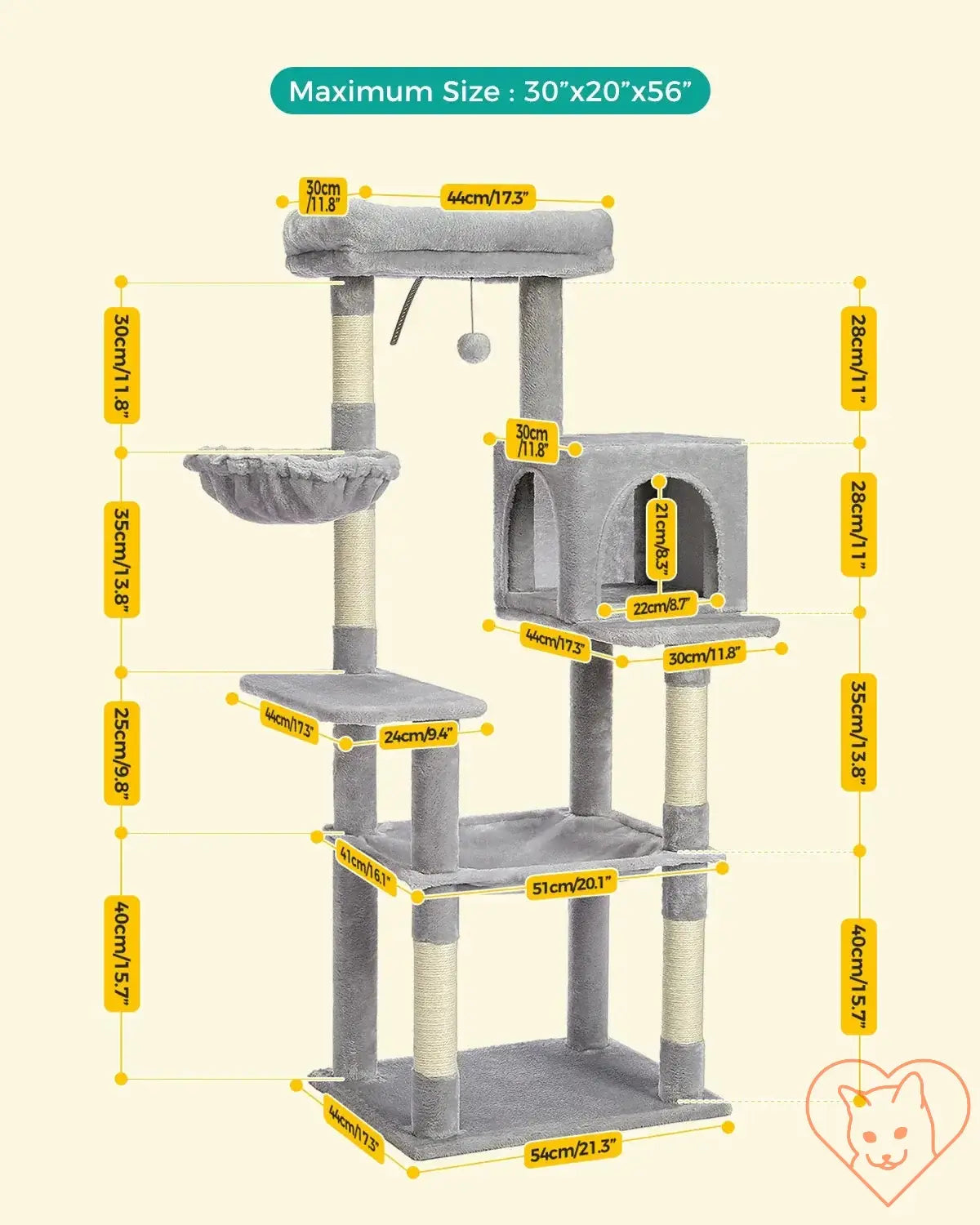 Dimensions and features of a 68-Inch Multi-Level Cat Tree Tower with condos, sisal posts, and perch.