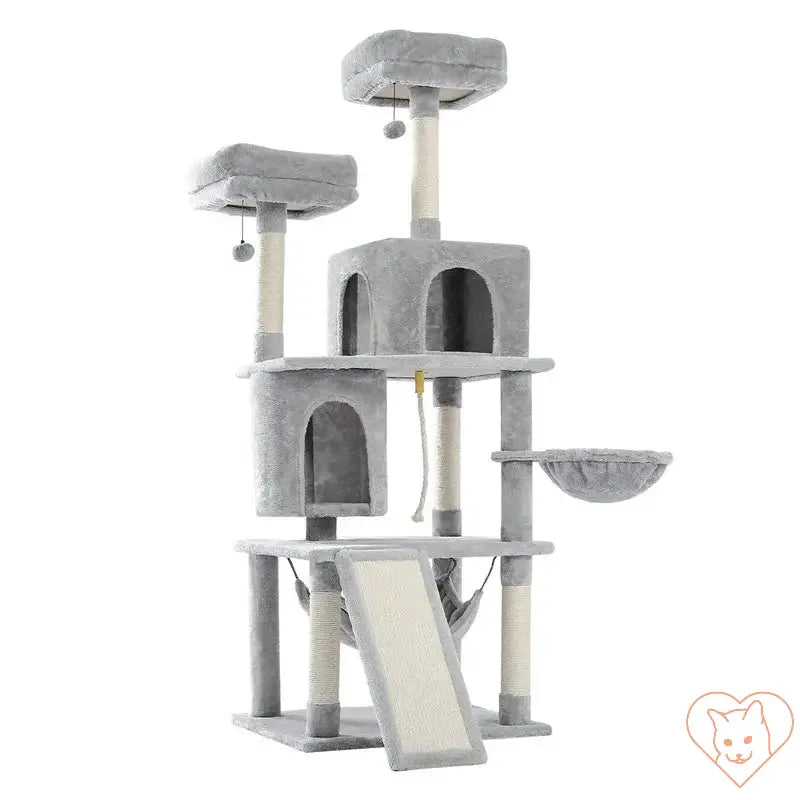 68-Inch multi-level cat tree tower in gray with condos, perch, and sisal posts for climbing and scratching.