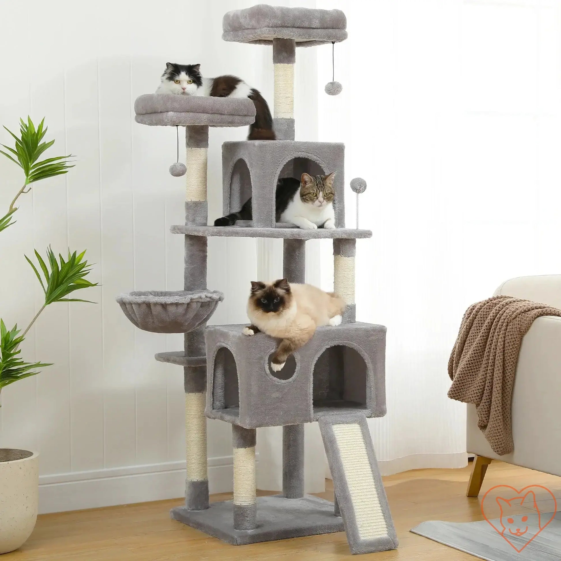 68-inch multi-level cat tree tower with condos and sisal posts, featuring three cats relaxing and playing.