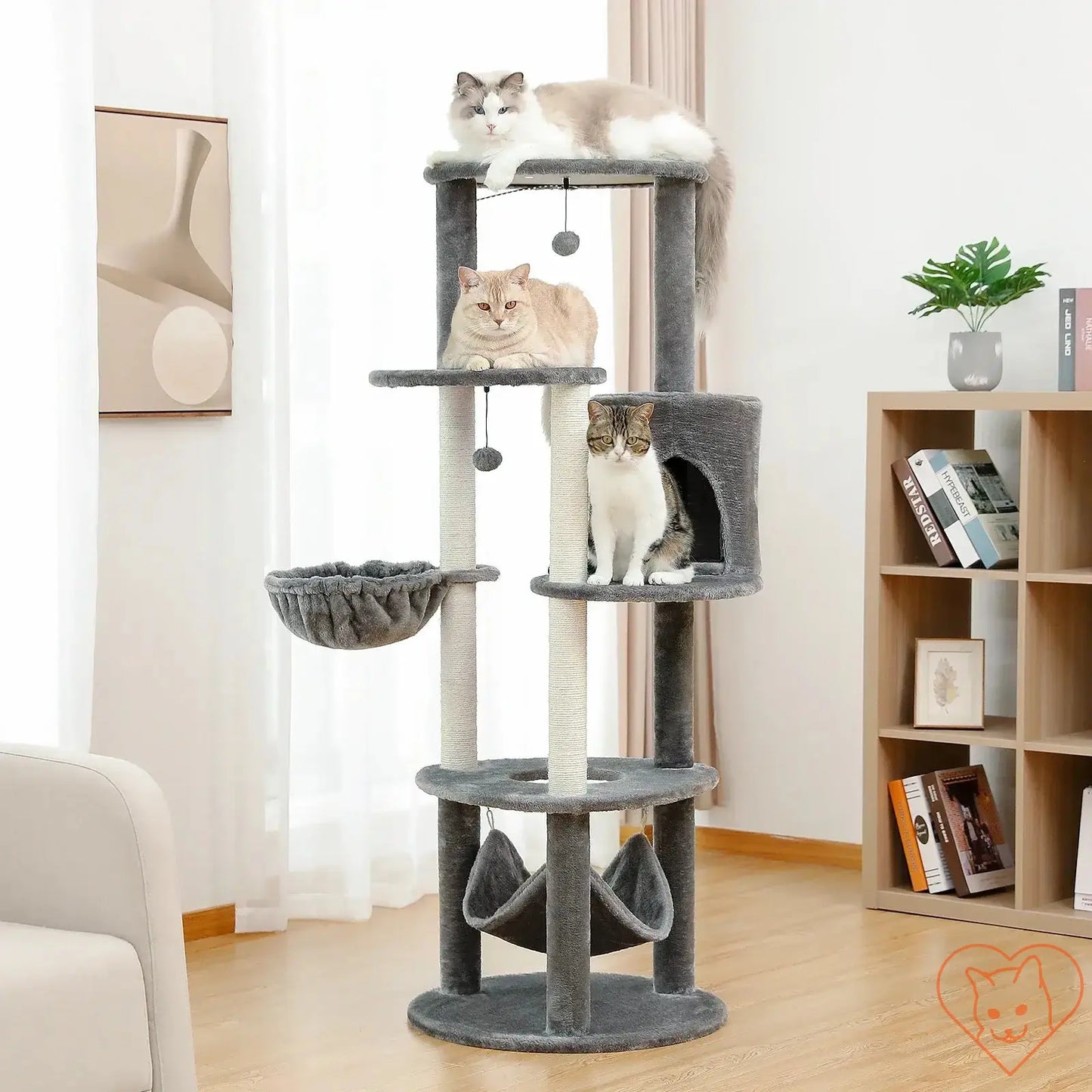 68-inch multi-level cat tree tower with condos, sisal posts, and cats lounging on different levels.