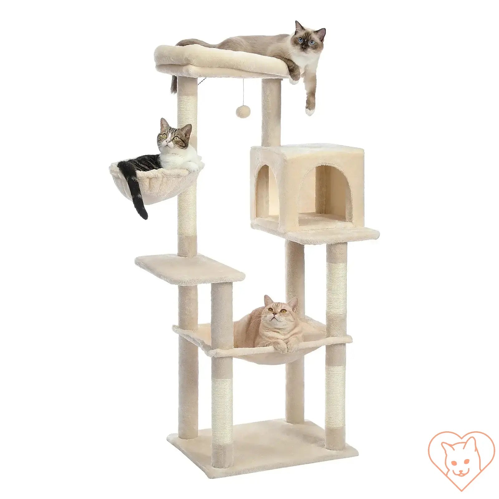 Three cats lounging on a 68-inch multi-level cat tree with condos, sisal posts, and a spacious perch.