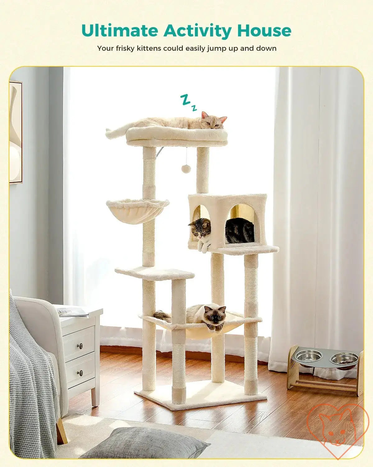 Cats lounging on a 68-inch multi-level cat tree tower with condos, sisal posts, and a perch in a cozy living room.