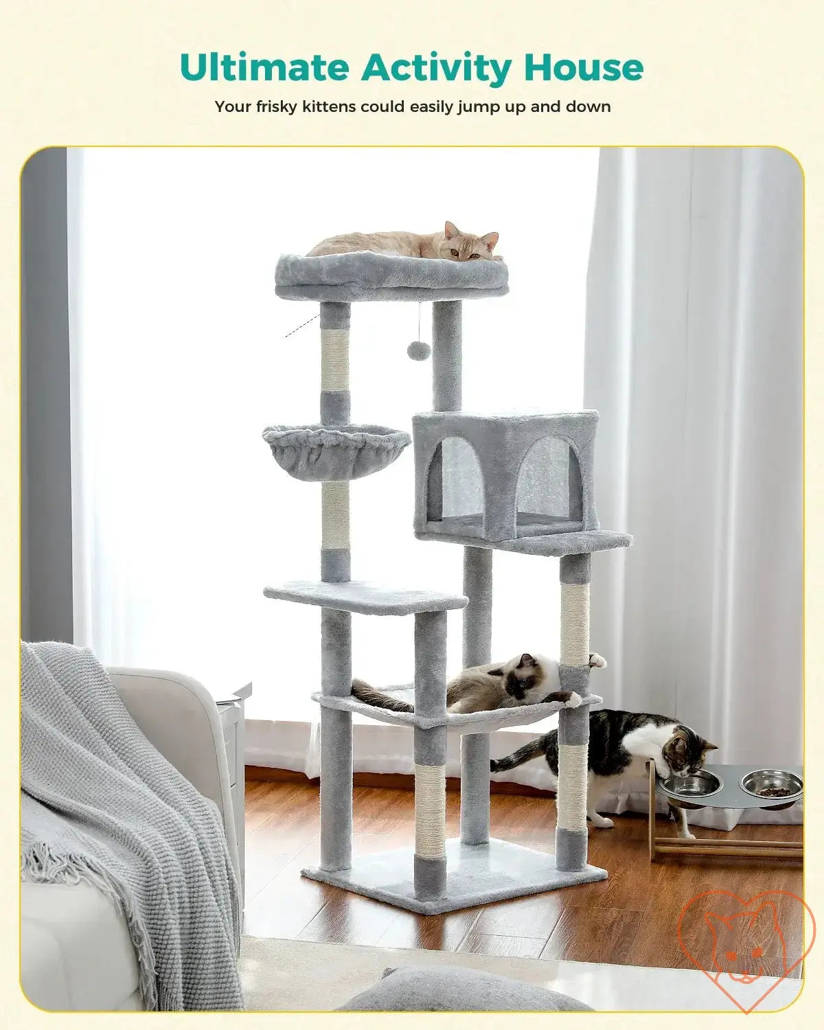 Multi-level cat tree tower with condos and scratching posts, perfect for playful kittens and cozy lounging.