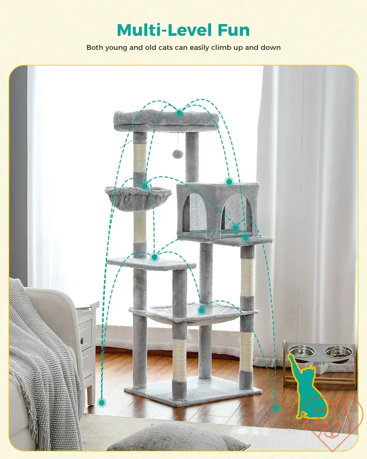 68-Inch multi-level cat tree tower with condos and sisal posts for climbing and relaxing.