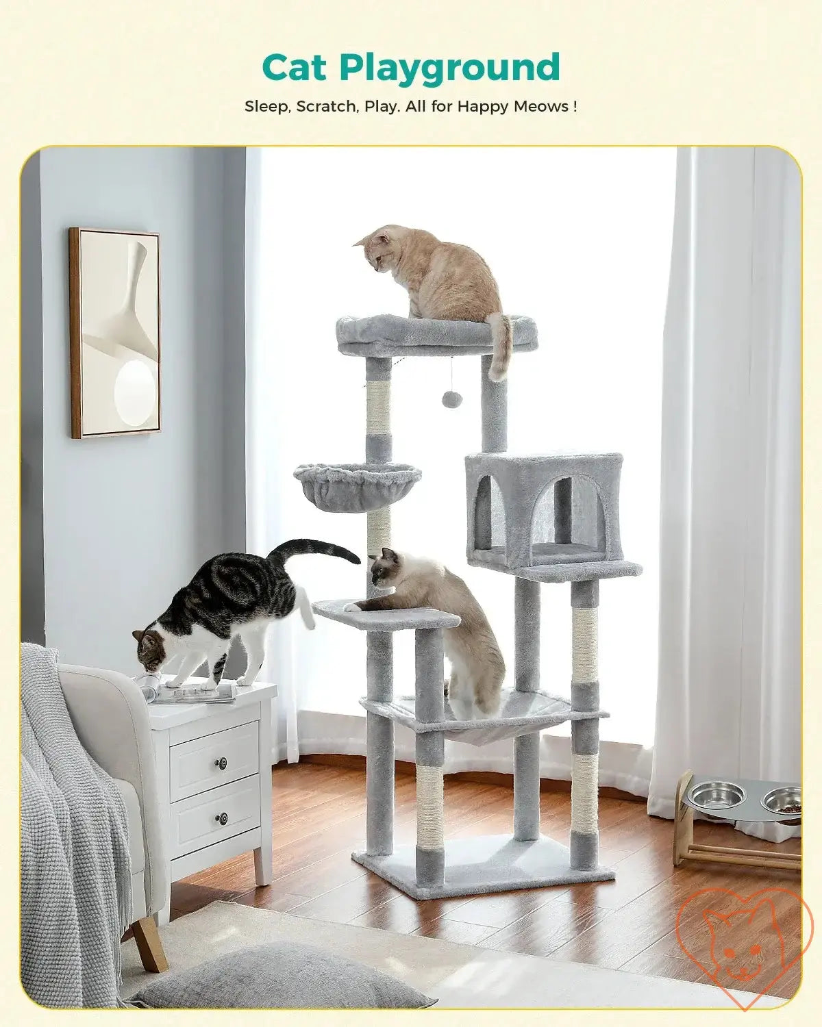 Three cats exploring a stylish 68-inch multi-level cat tree tower in a cozy living room.