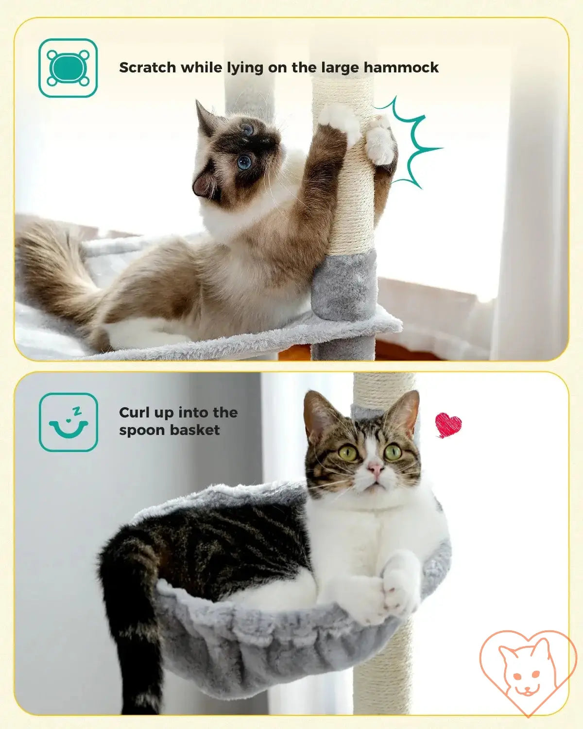 Cats enjoying a large hammock and spoon basket on a multi-level cat tree, showcasing relaxation and scratching fun.