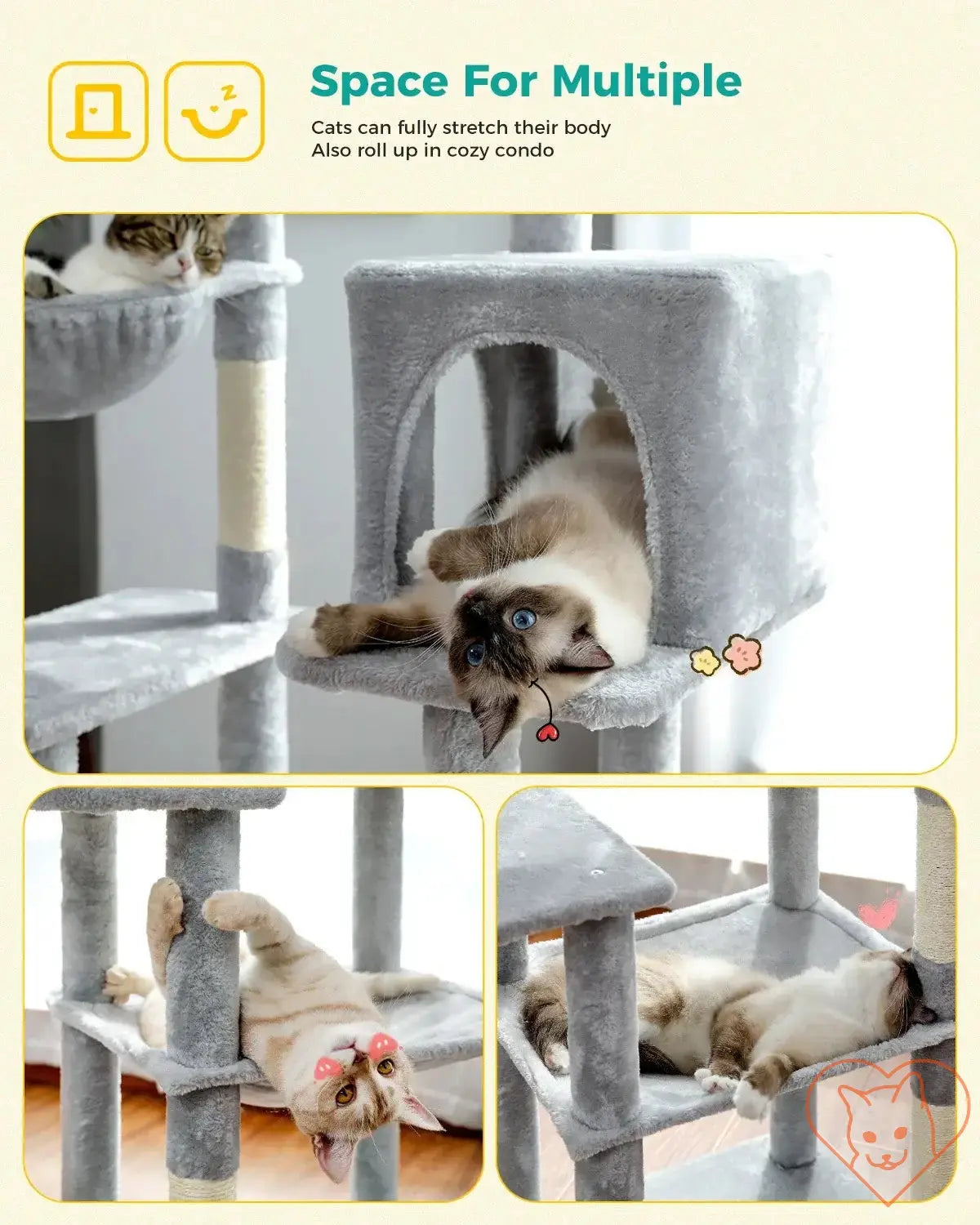 Cats relaxing in a cozy condo on a multi-level cat tree, showing space for play and comfort.