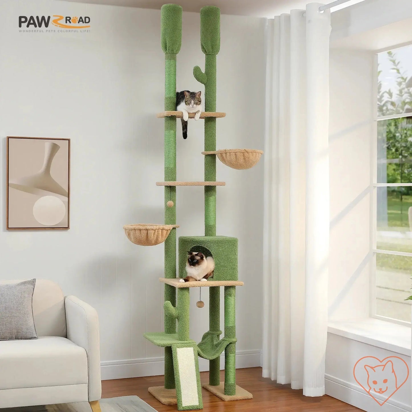 68-Inch Multi-Level Cat Tree Tower with condos and sisal posts, featuring two cats on platforms.