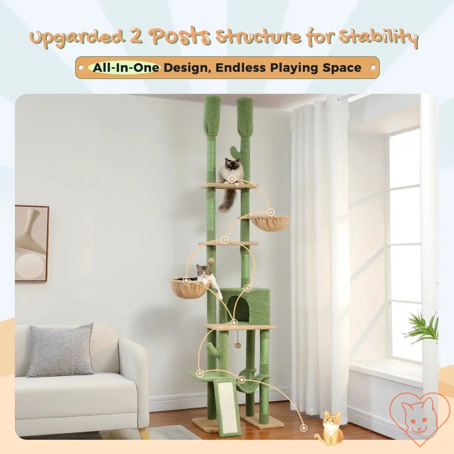 68-inch multi-level cat tree with two-post structure, featuring condos, perches, and climbing spaces for cats.