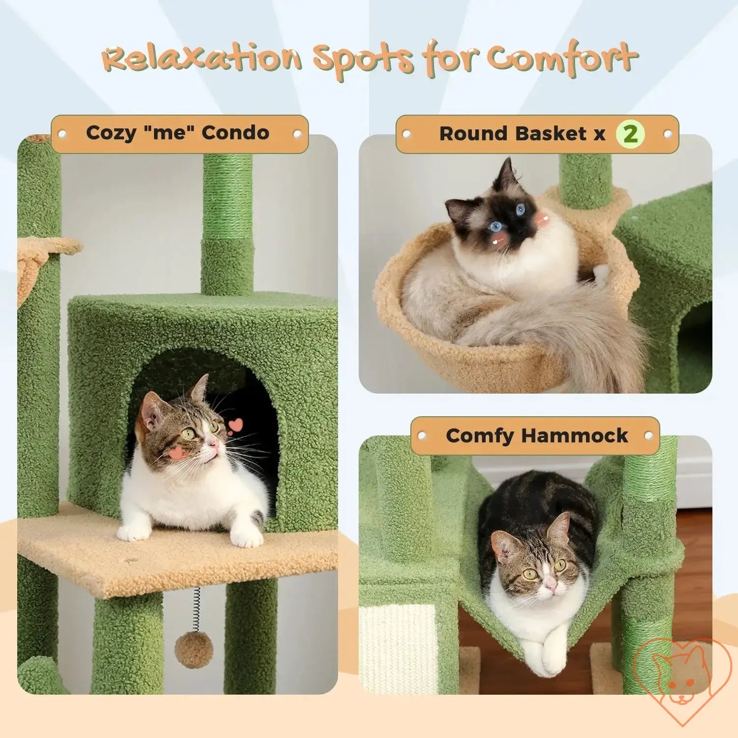 Cats relaxing in a 68-inch multi-level cat tree with cozy condos, round baskets, and a comfy hammock.