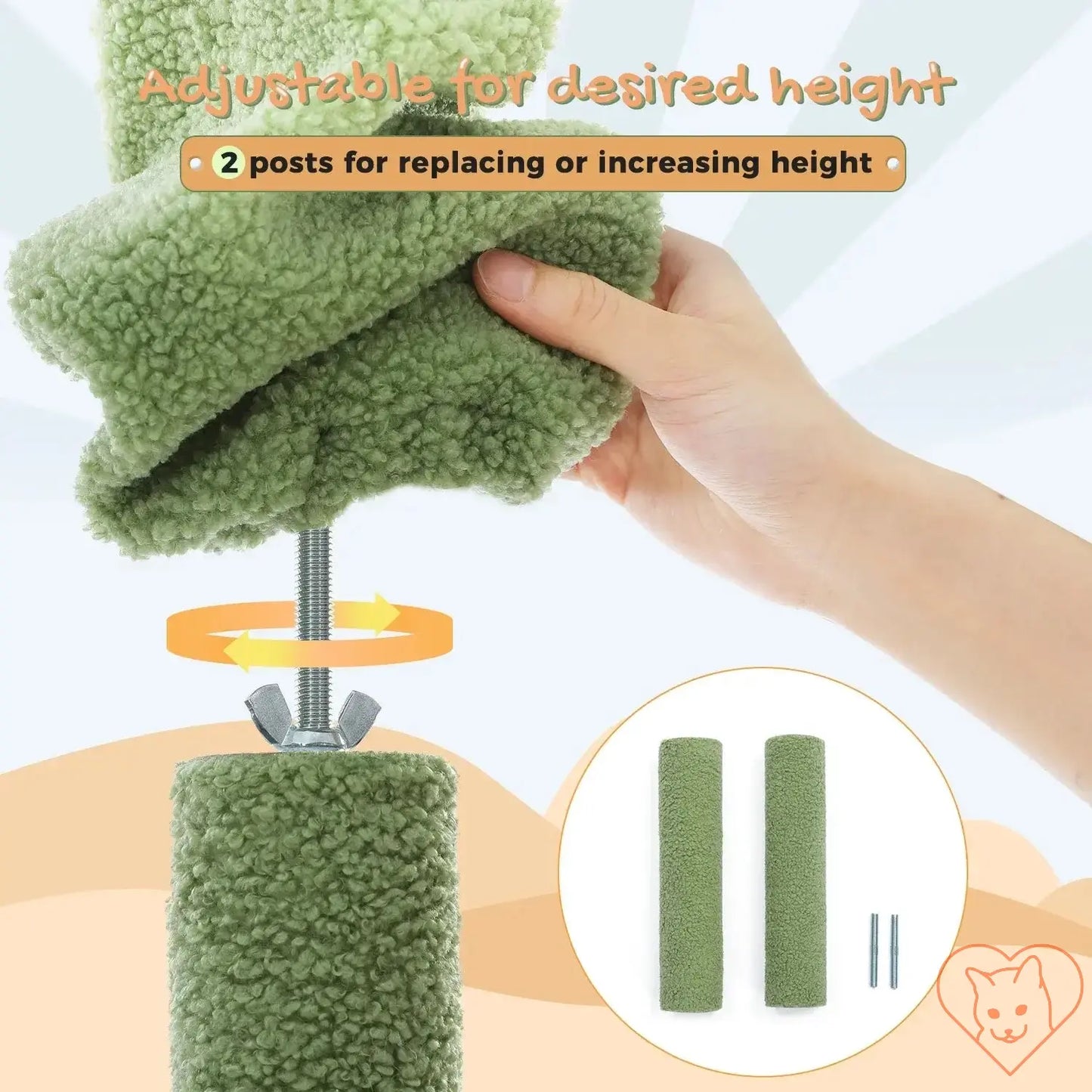 Green cat tree post adjustment mechanism with two extra posts for customizable height.