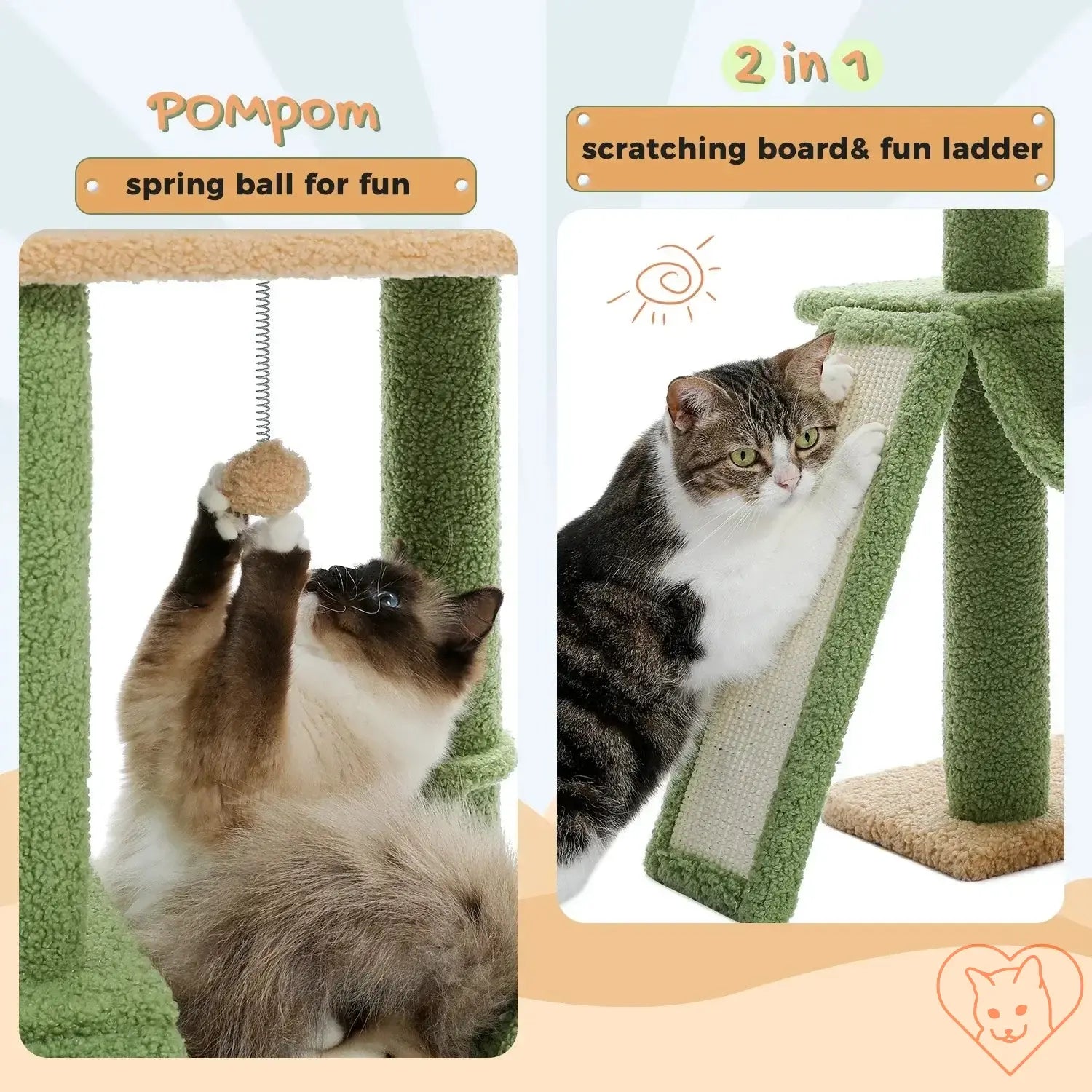 Cat enjoying a spring ball on a multi-level cat tree with a scratching board and fun ladder.