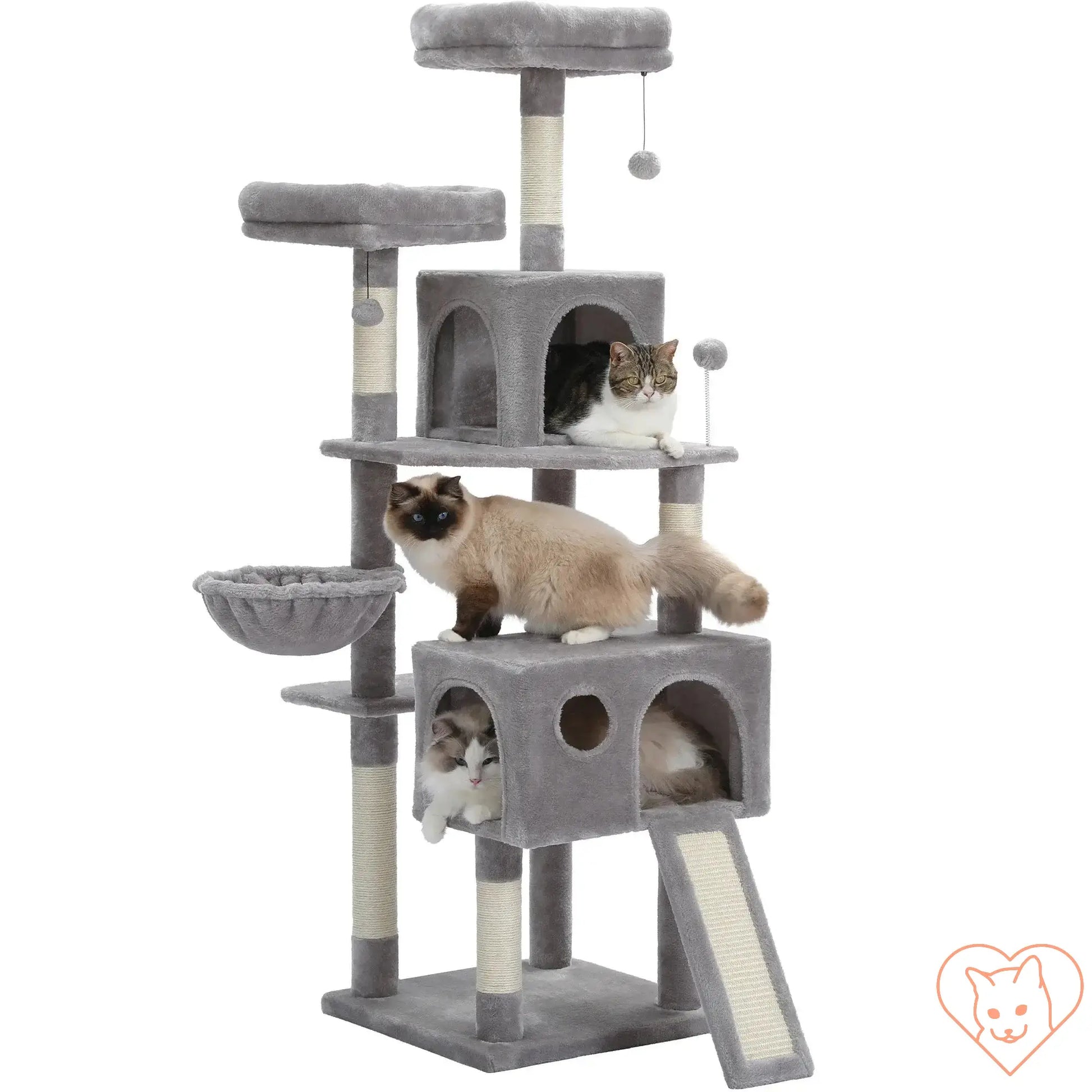 68-Inch Multi-Level Cat Tree Tower with multiple condos and sisal posts, featuring playful cats on various levels.