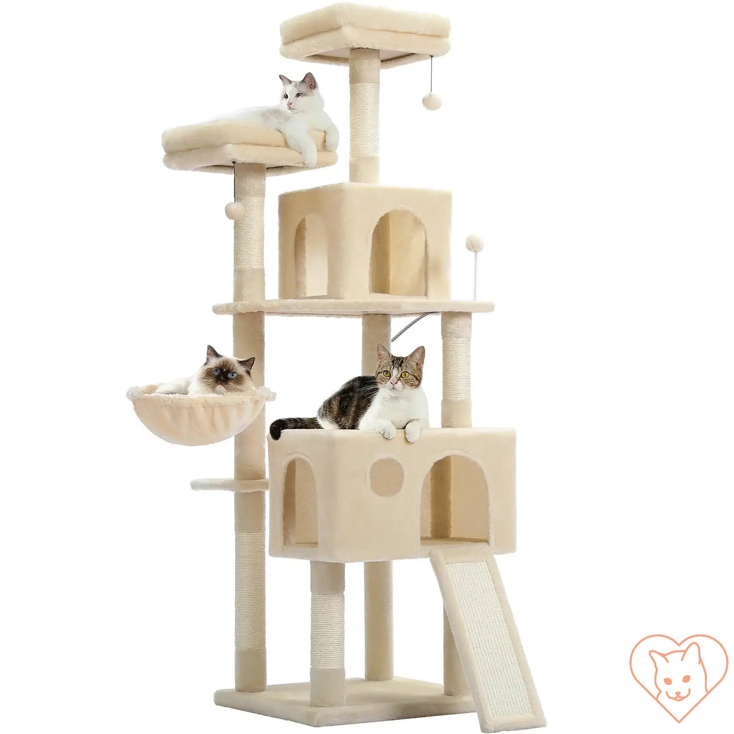 Multi-level 68-inch cat tree tower with condos, sisal posts, and a perch, featuring happy cats playing and relaxing.