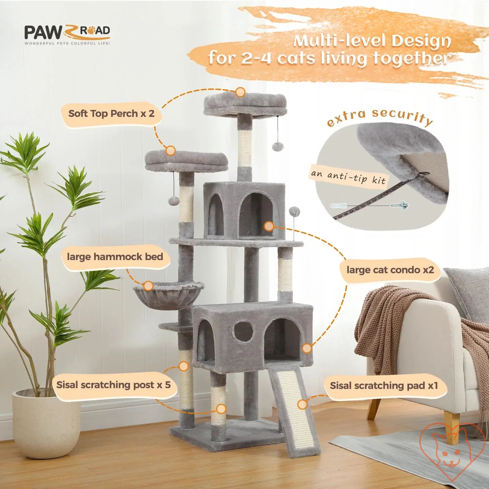 68-Inch multi-level cat tree tower with two condos, scratch pads, and a soft perch for multiple cats.