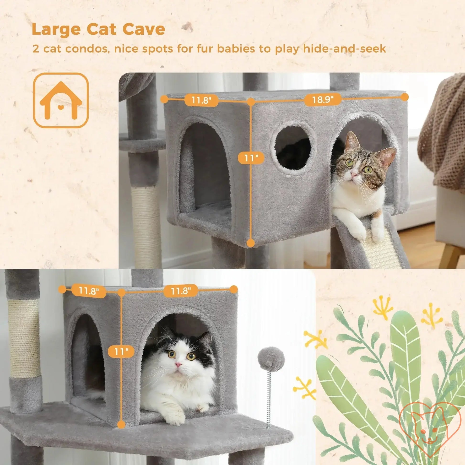 Large Cat Cave with 2 cozy condos for cats to play hide-and-seek, featuring measurements and soft fabric.