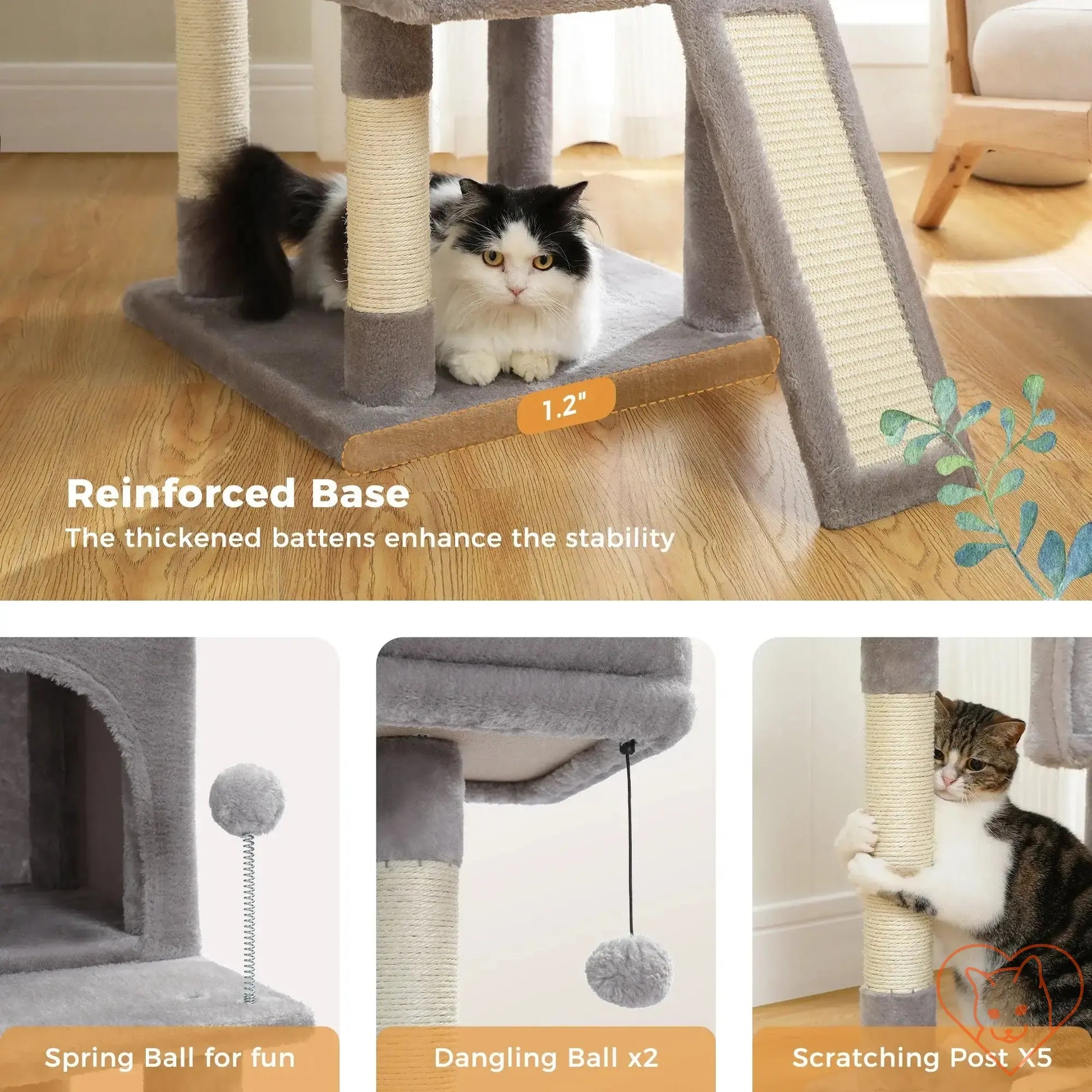 68-inch cat tree with reinforced base, spring ball, dangling toys, and scratching posts for feline fun and stability.