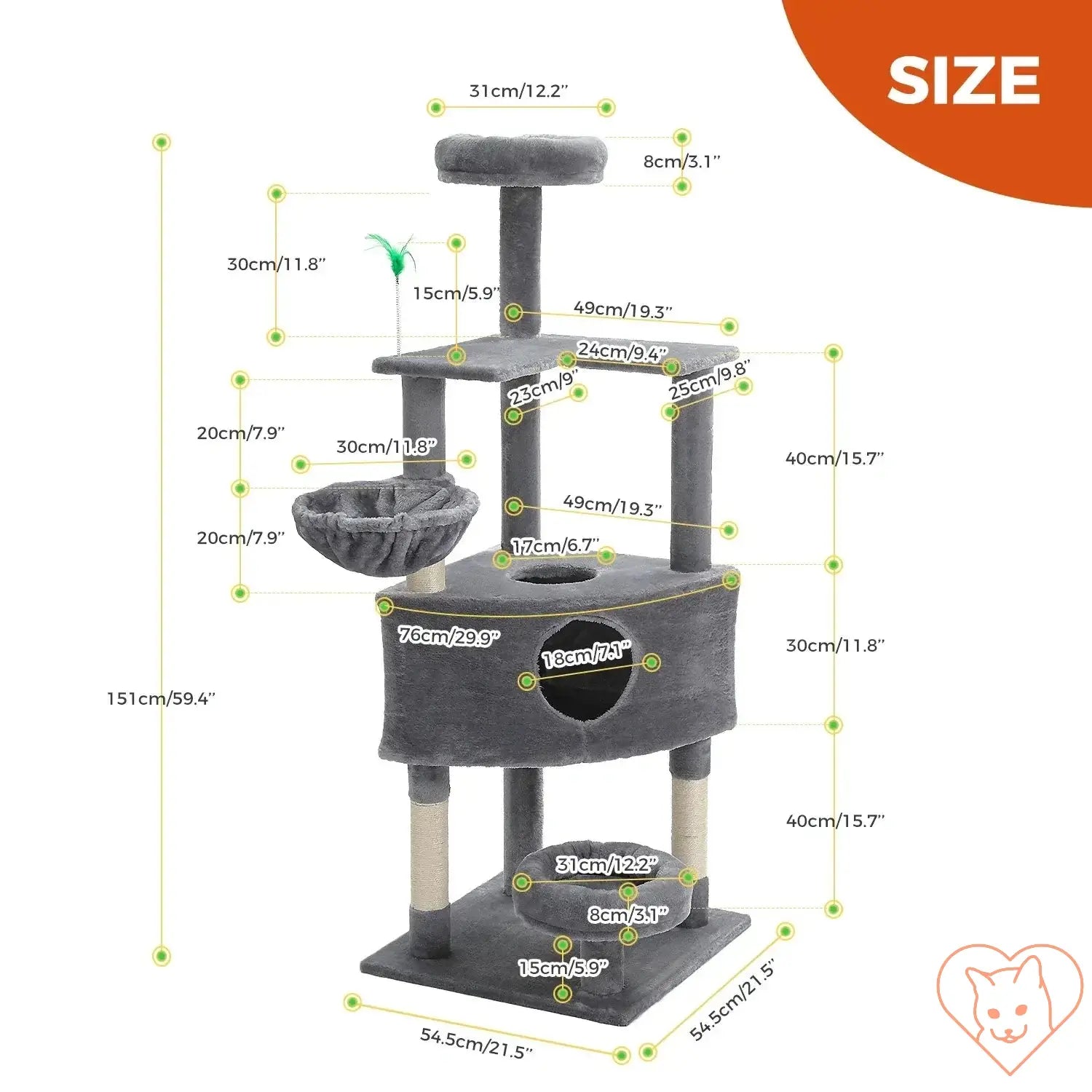 Dimensions of 68-Inch Multi-Level Cat Tree Tower with condos, sisal posts, and perch for cats.