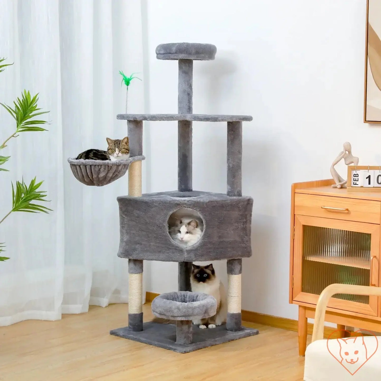 68-inch multi-level cat tree tower with two condos, sisal posts, and perches, featuring two cats relaxing.