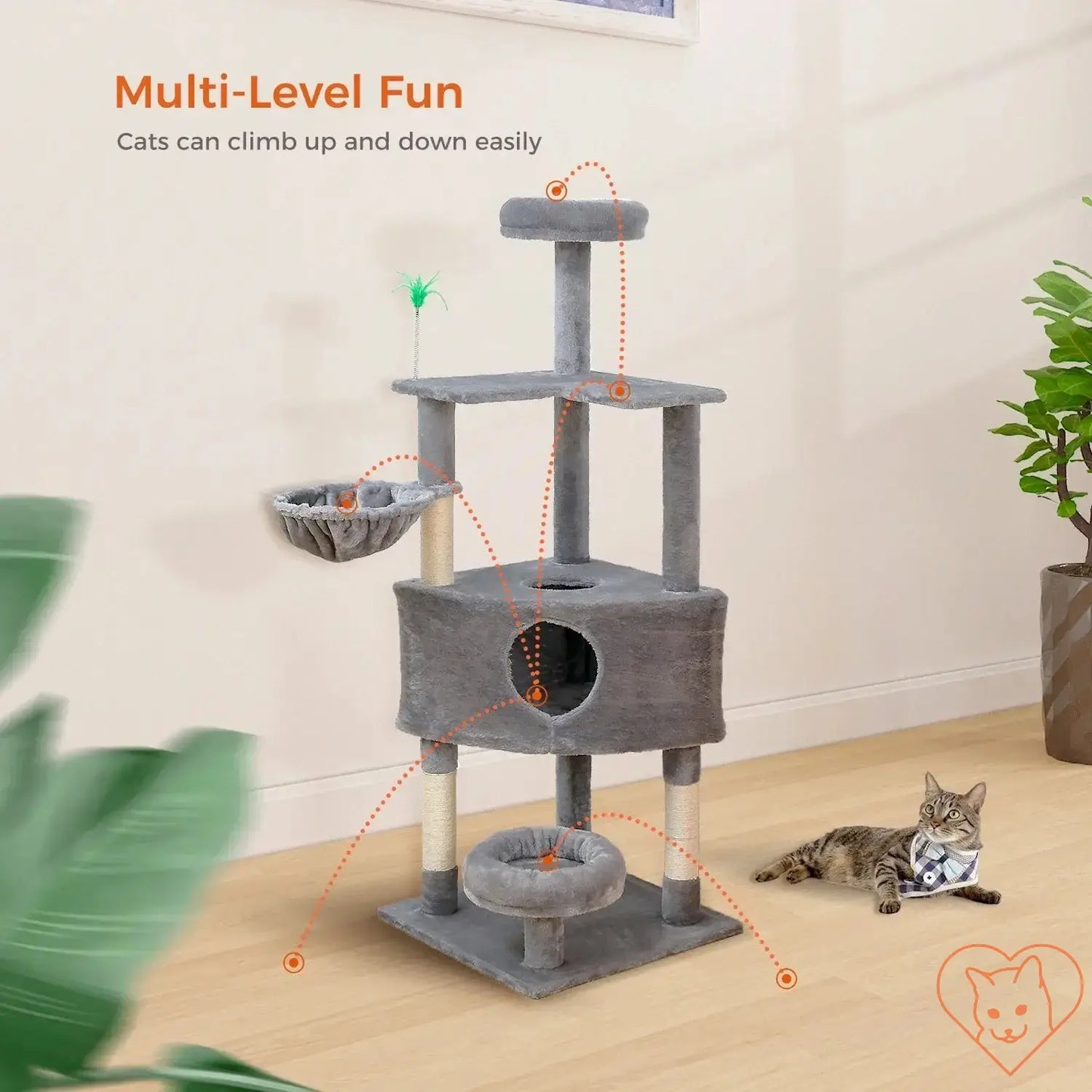 68-inch multi-level cat tree tower with condos, sisal posts, and a perch for climbing and napping.