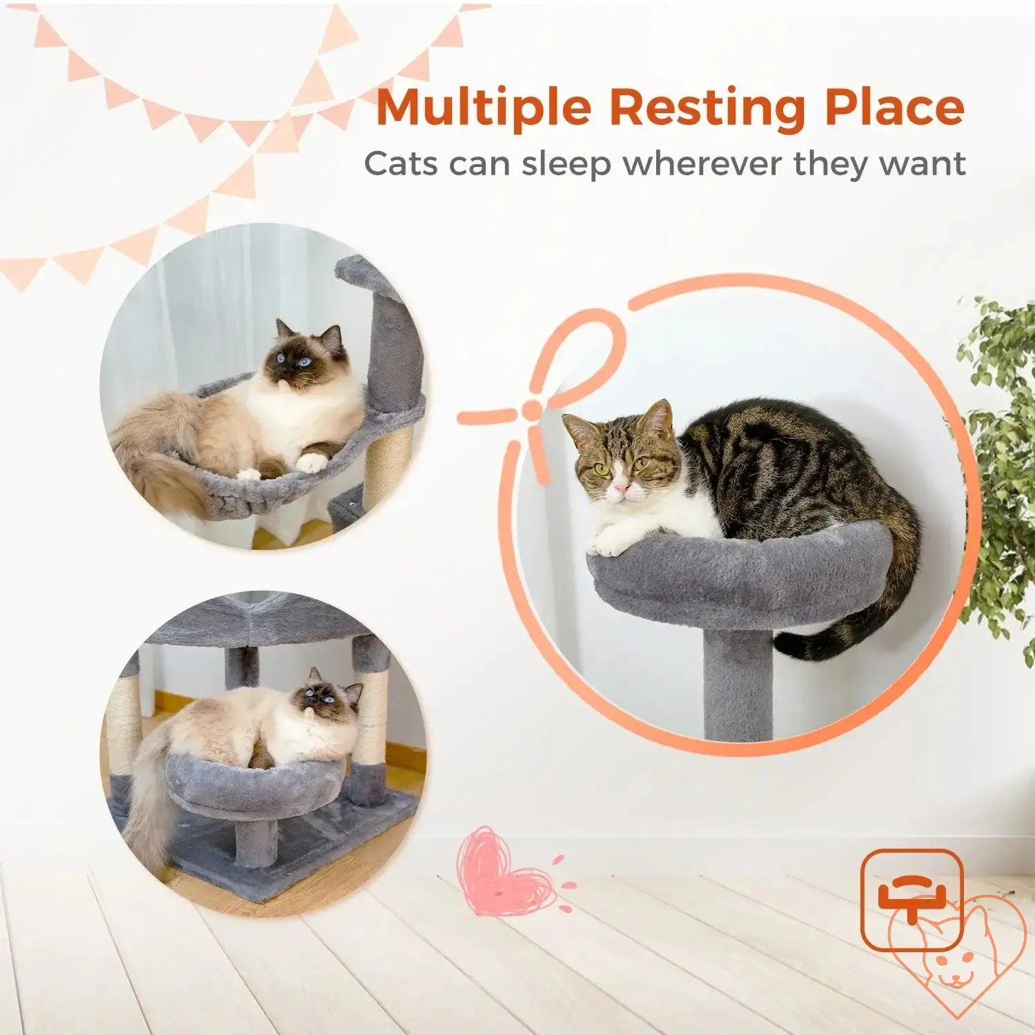 Two cats relaxing on a multi-level cat tree with cozy resting areas and a stylish design.