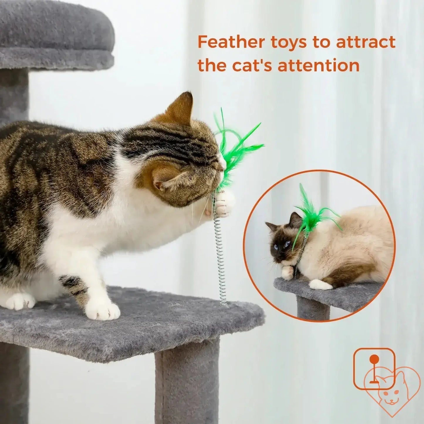 Cats playing with feather toys on a multi-level cat tree, engaging and attracting their attention.