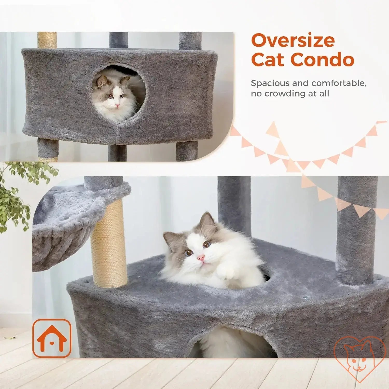 Oversize cat condo with a spacious design, featuring a fluffy feline comfortably lounging inside.