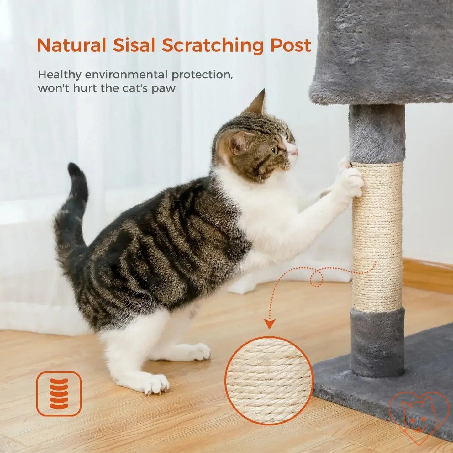 Cat using natural sisal scratching post, promoting healthy paw care and environmental protection.