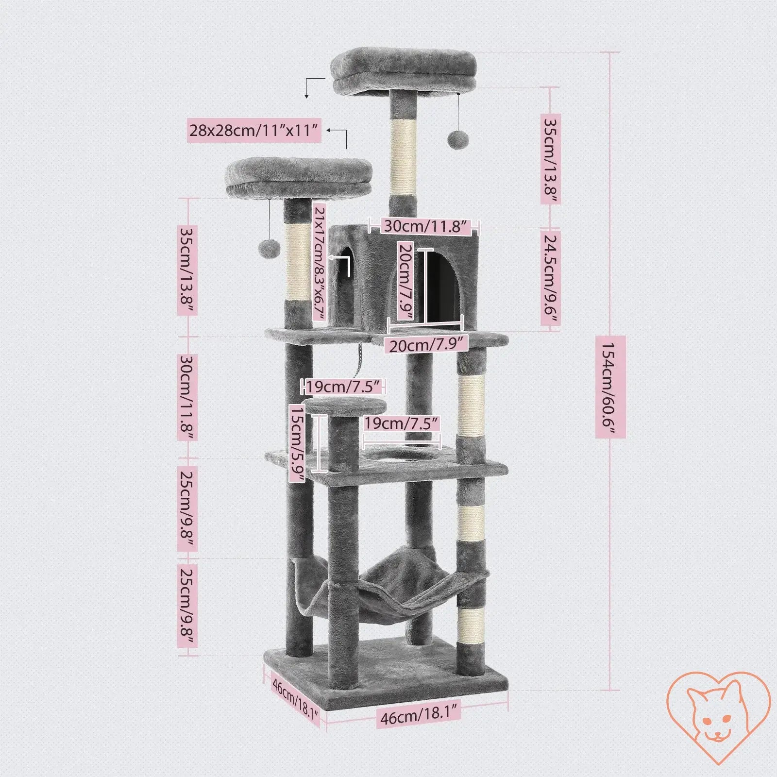 68-Inch Multi-Level Cat Tree Tower dimensions with condos, scratching posts, and perch for cats.