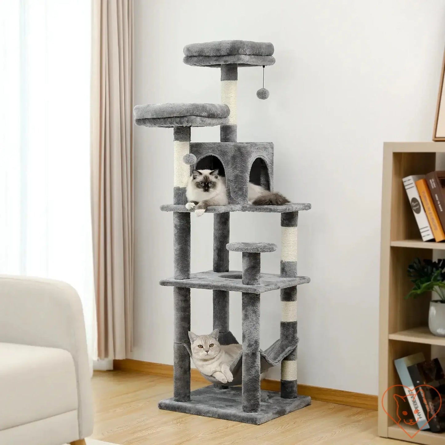 68-inch multi-level cat tree tower with condos, sisal posts, and cats lounging on it.