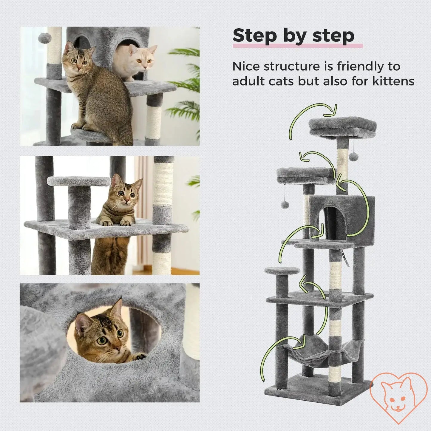 Two playful kittens on a 68-inch multi-level cat tree with condos and sisal posts, designed for fun and relaxation.