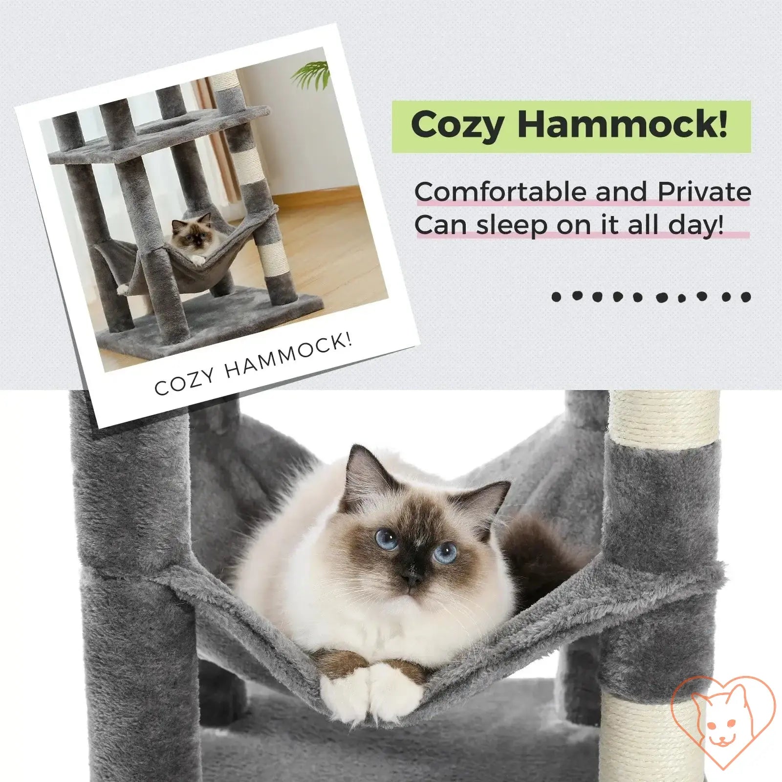 Cat lounging in a cozy hammock on a multi-level cat tree, showcasing comfort and relaxation.