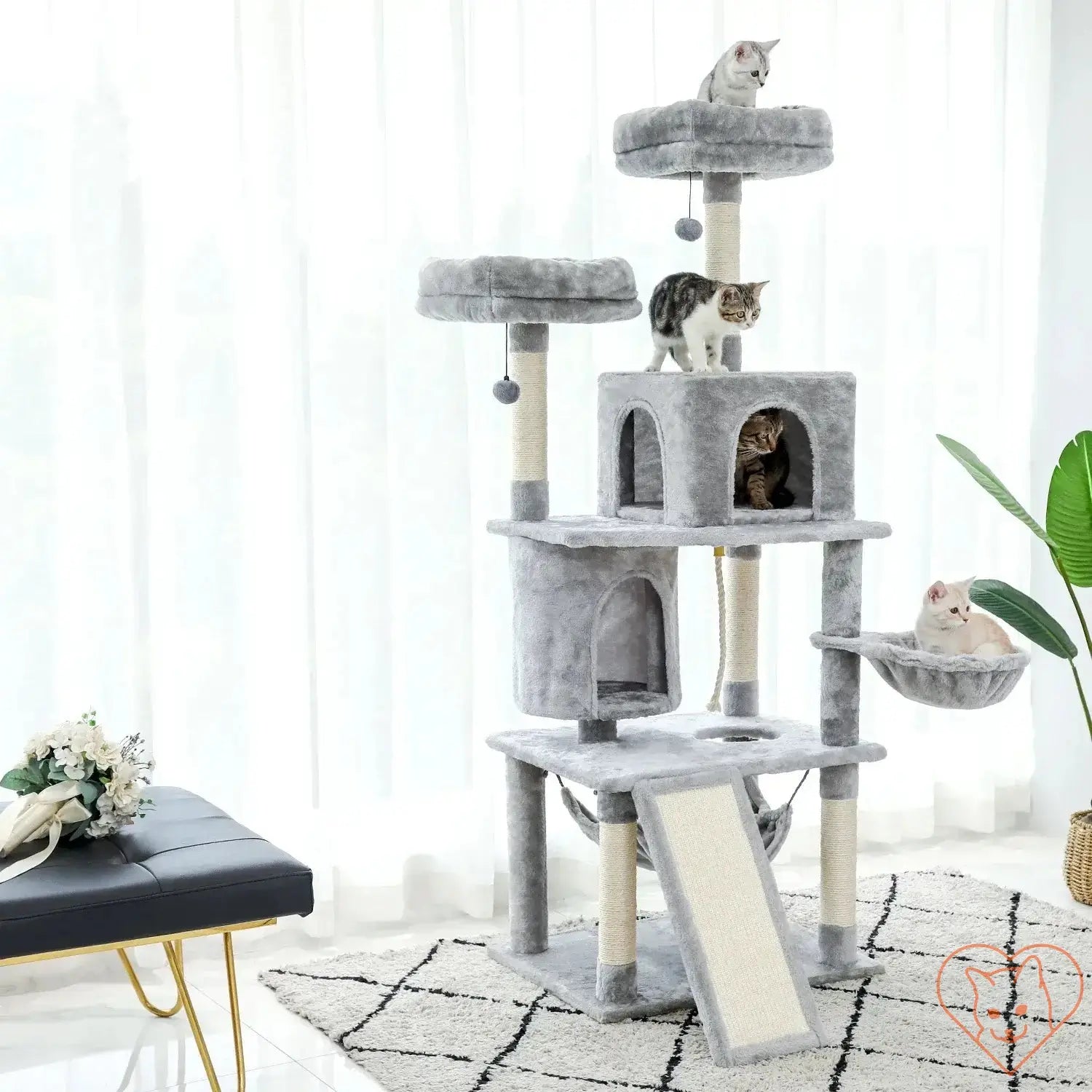 Gray 68-Inch multi-level cat tree tower with condos, sisal posts, and perches for playful cats.