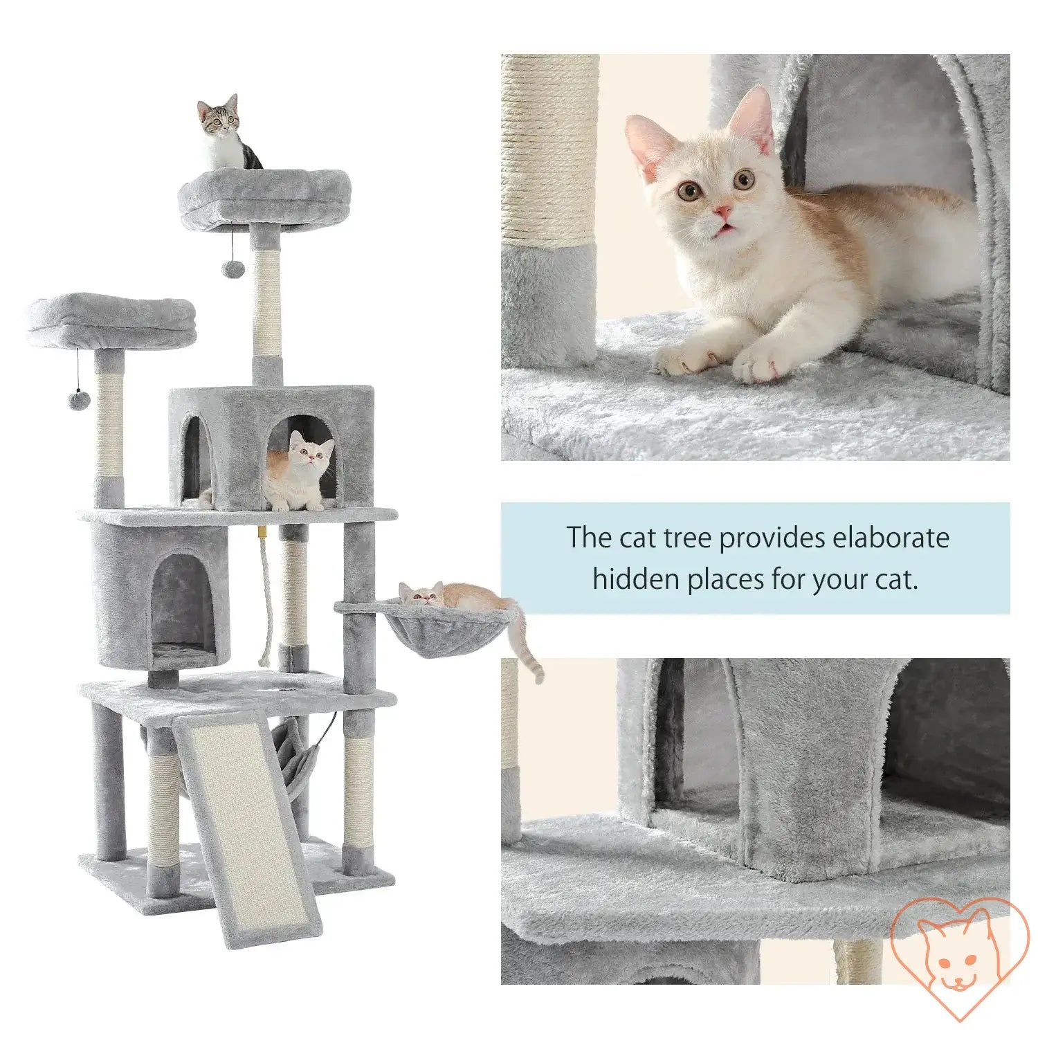 Multi-level cat tree with condos, sisal posts, and perch; perfect playground for cats.