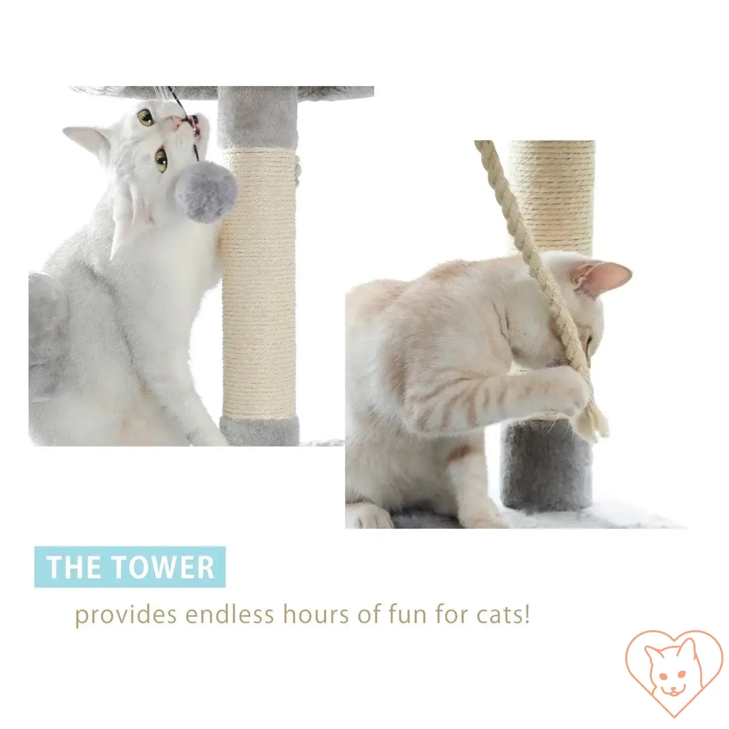 Cats playing on a multi-level cat tree tower with scratching posts and toys, providing fun and exploration.