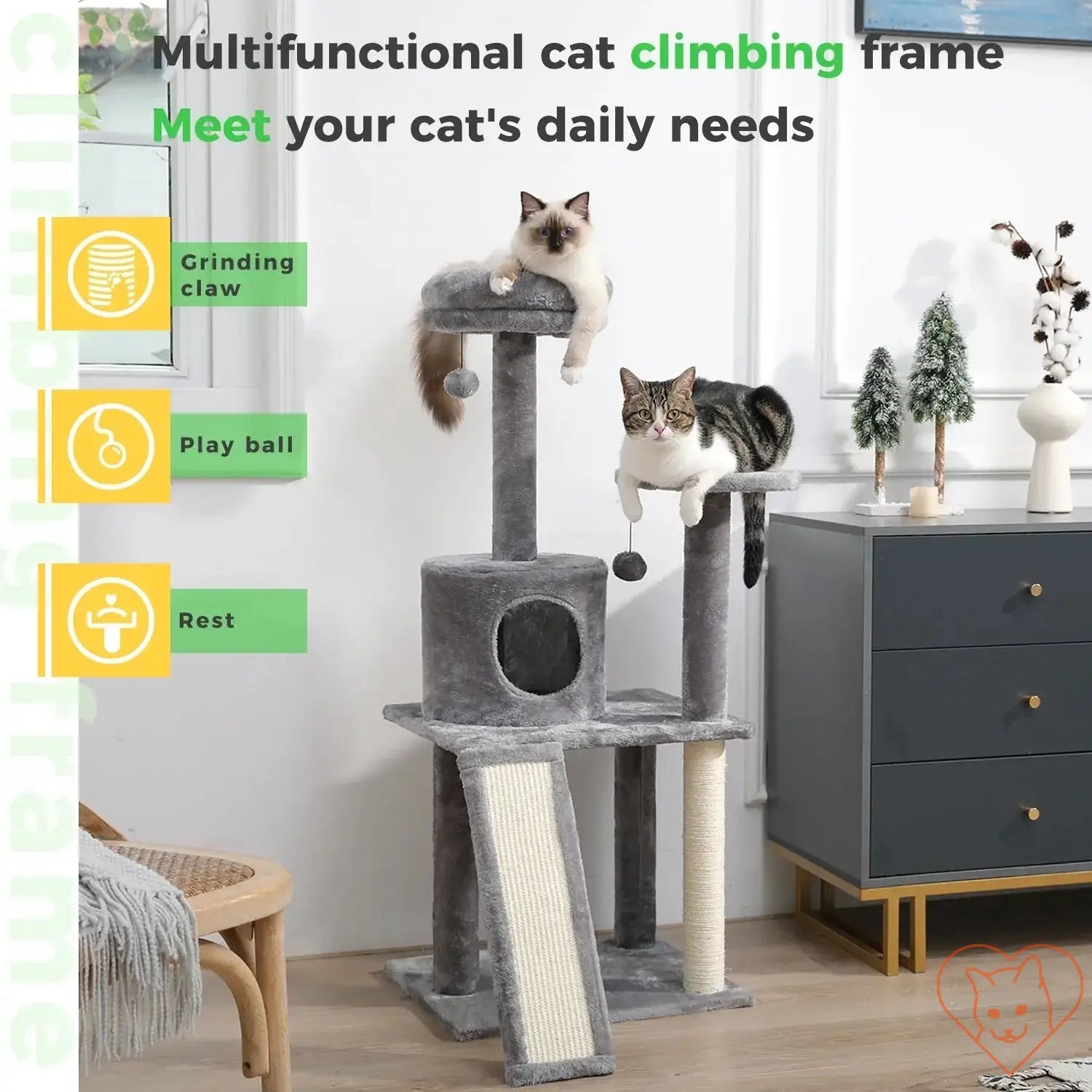 Two cats play and relax on a multifunctional cat climbing frame, featuring scratching posts and cozy hideouts.