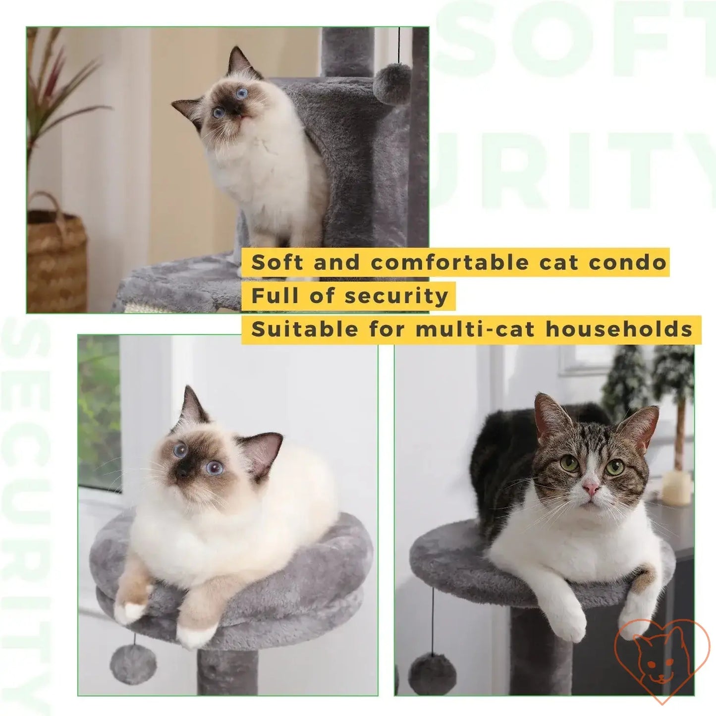 Two cats relaxing on a soft multi-level cat tree condo designed for security and comfort in multi-cat households.