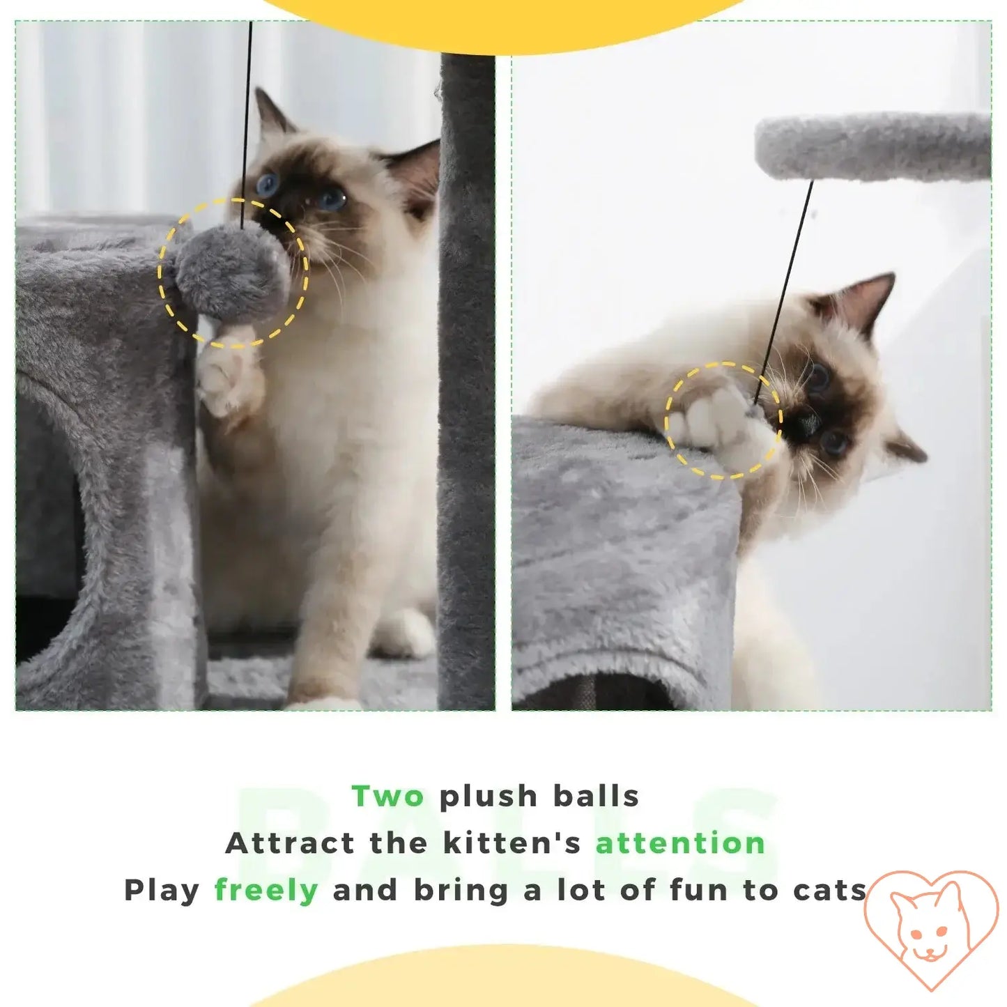 Cat playing with two plush balls on a multi-level cat tree, attracting attention and providing fun.