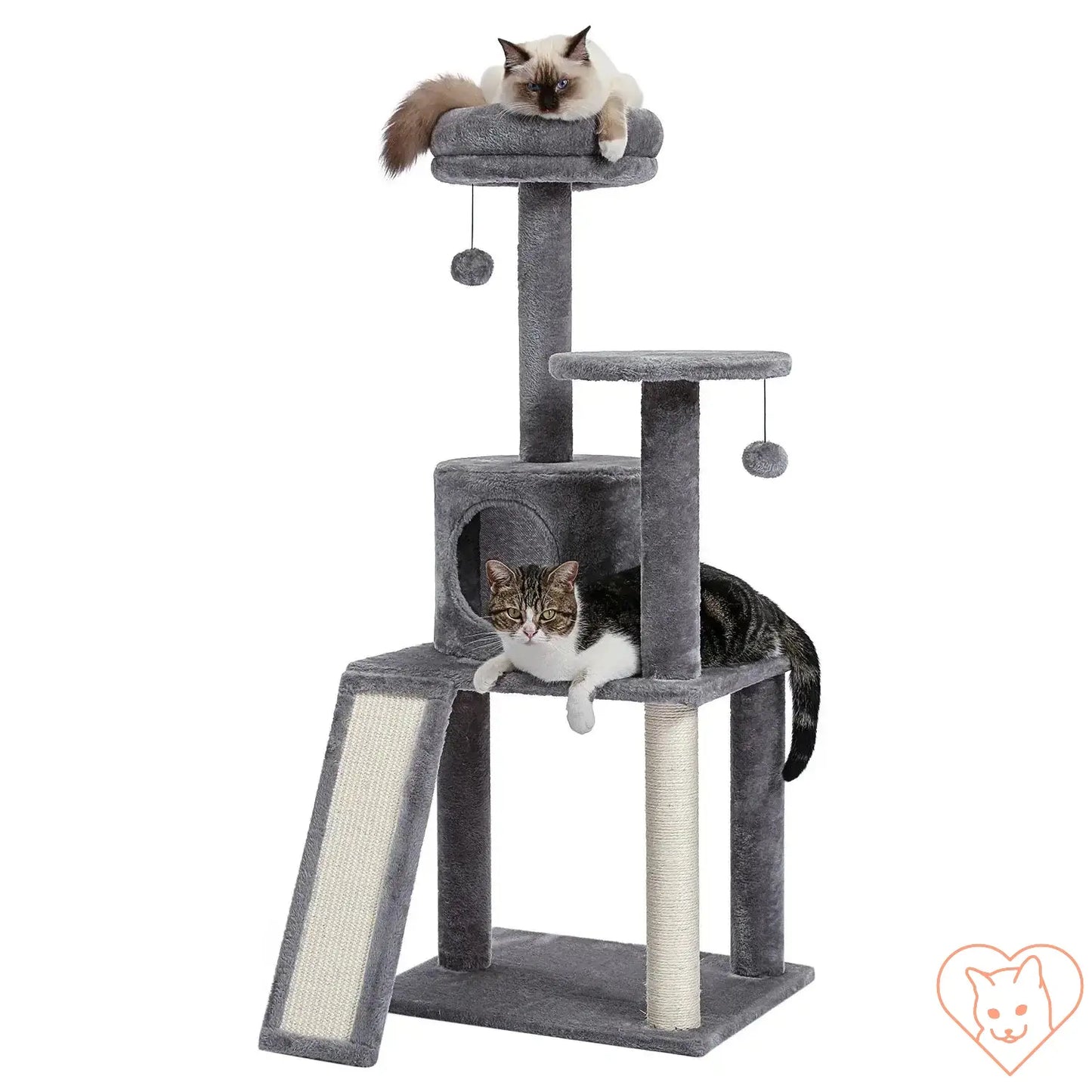 Two cats enjoying a luxurious 68-inch multi-level cat tree tower with condos, sisal posts, and a perch.