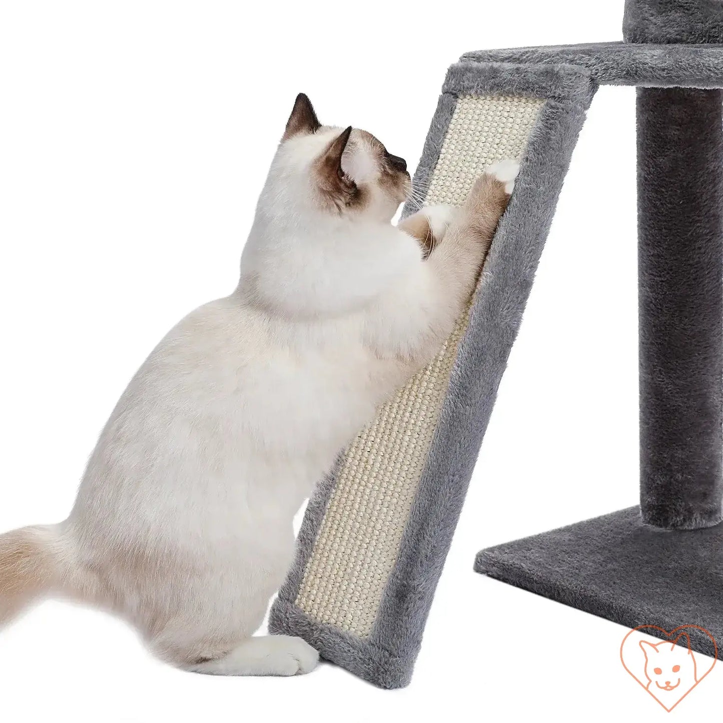 Cat climbing on a gray scratching post of a multi-level cat tree tower.