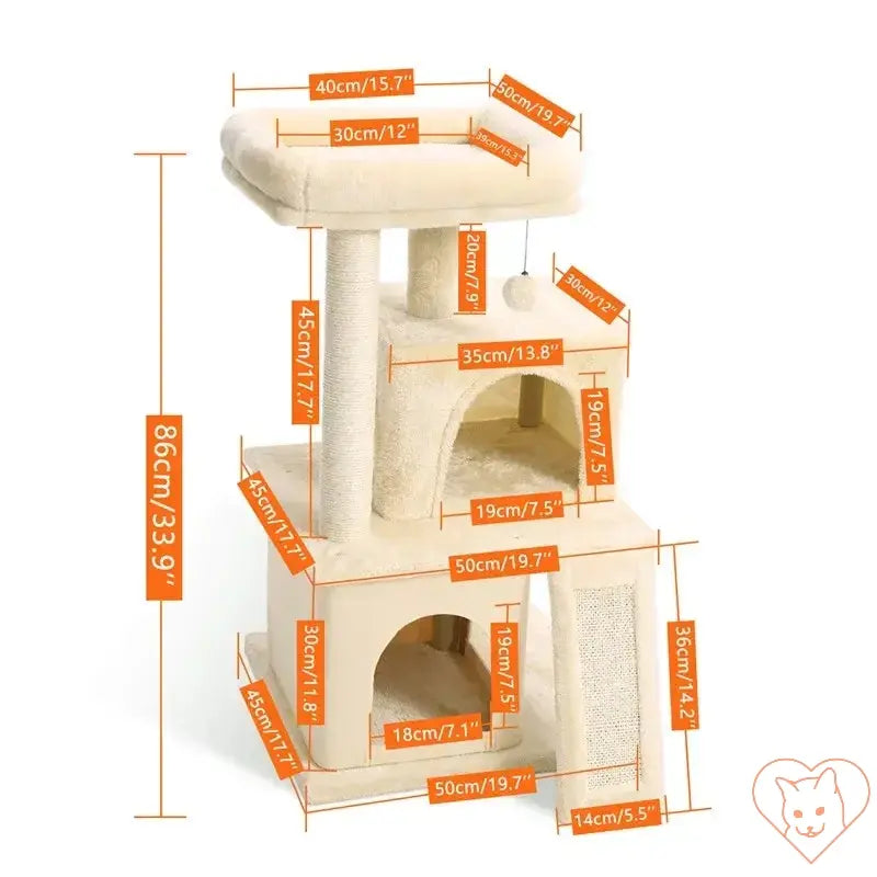 Diagram of a 68-Inch Multi-Level Cat Tree Tower with measurements for condos, sisal posts, and perch dimensions.