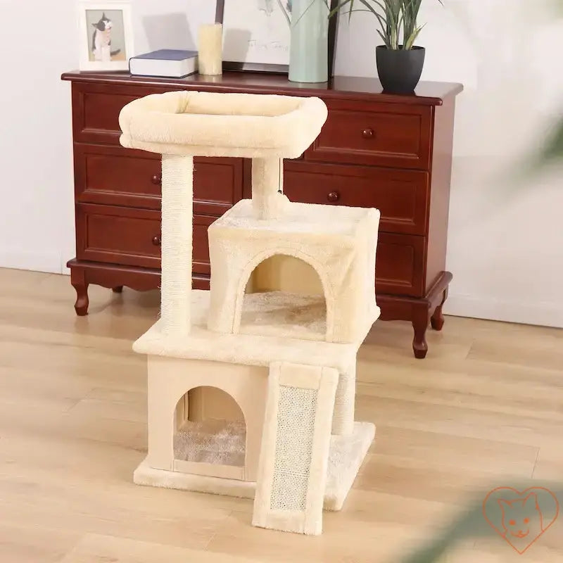 68-inch multi-level cat tree with condos, perch, and scratching posts in a living room setting.