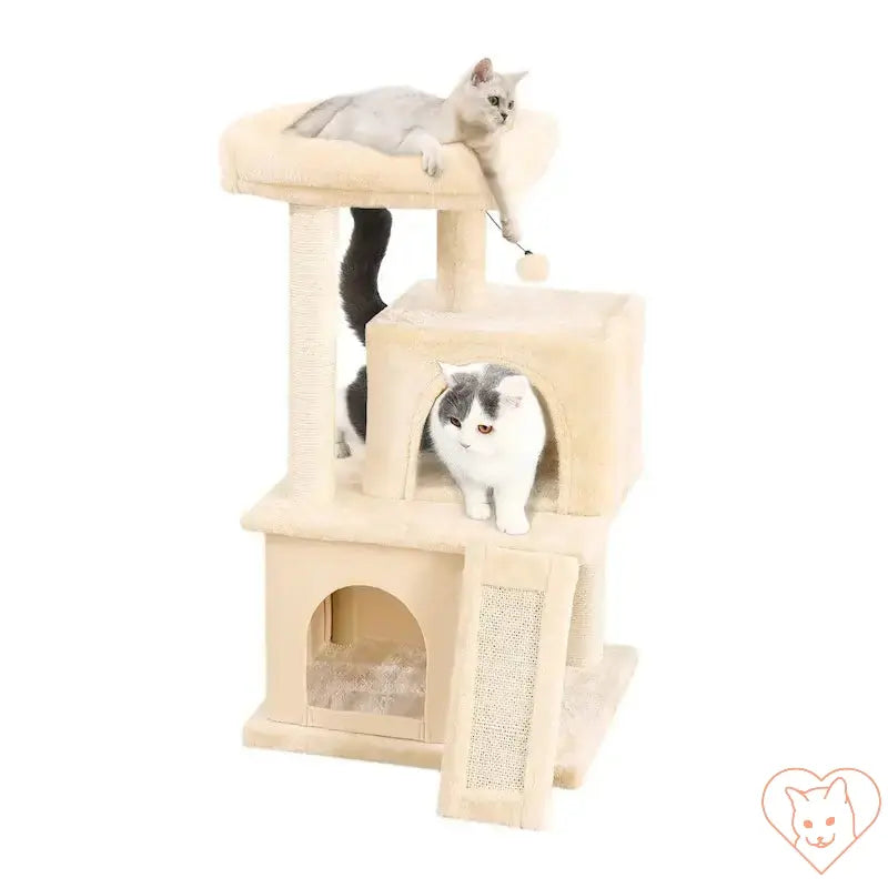 Two cats play on a 68-inch multi-level cat tree with condos, sisal posts, and a spacious perch.