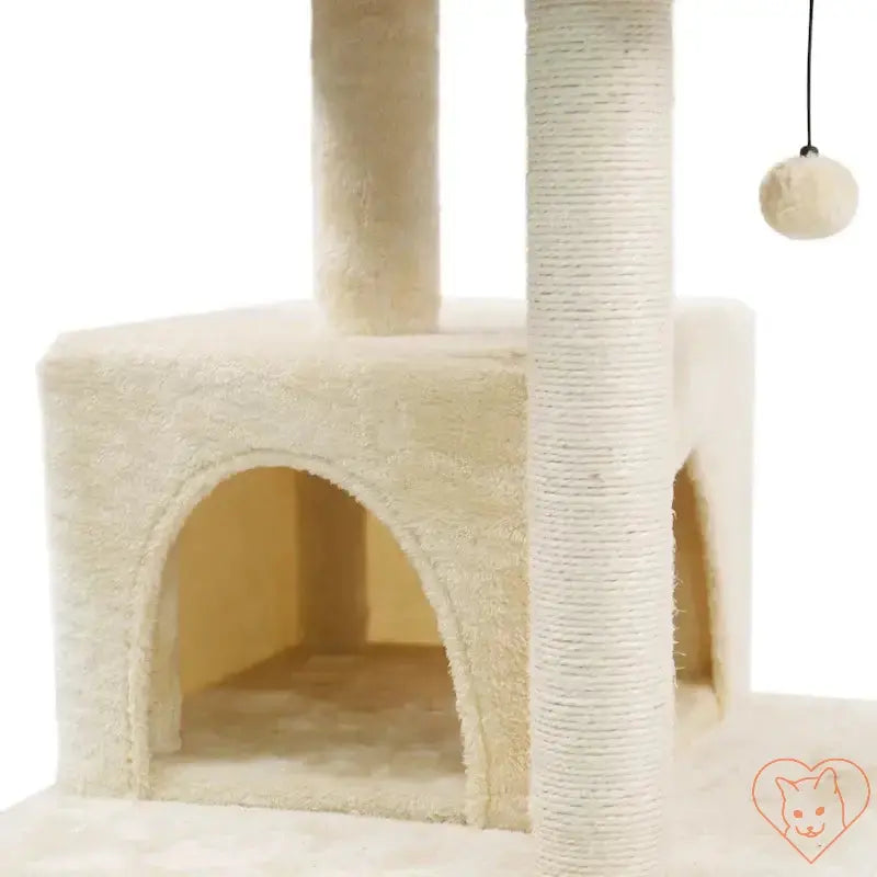 Close-up of the cozy condos and sisal posts on a 68-inch multi-level cat tree designed for climbing and scratching.