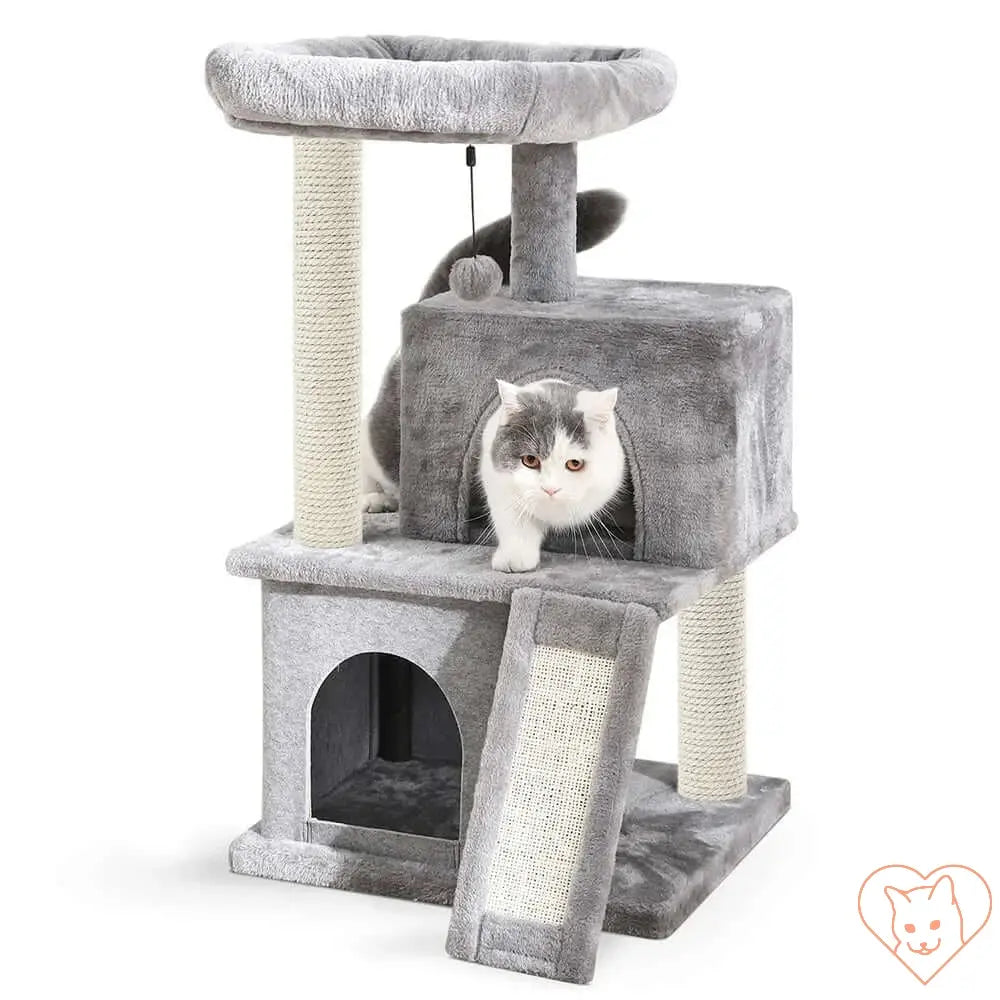 68-inch multi-level cat tree tower with condos, sisal posts, and a cat lounging on it.