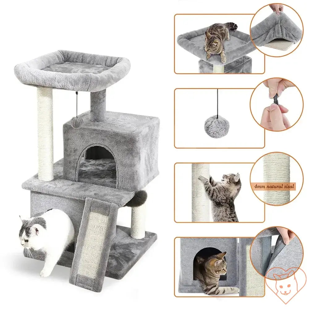 68-inch multi-level cat tree with condos, sisal posts, and perch for climbing and scratching.