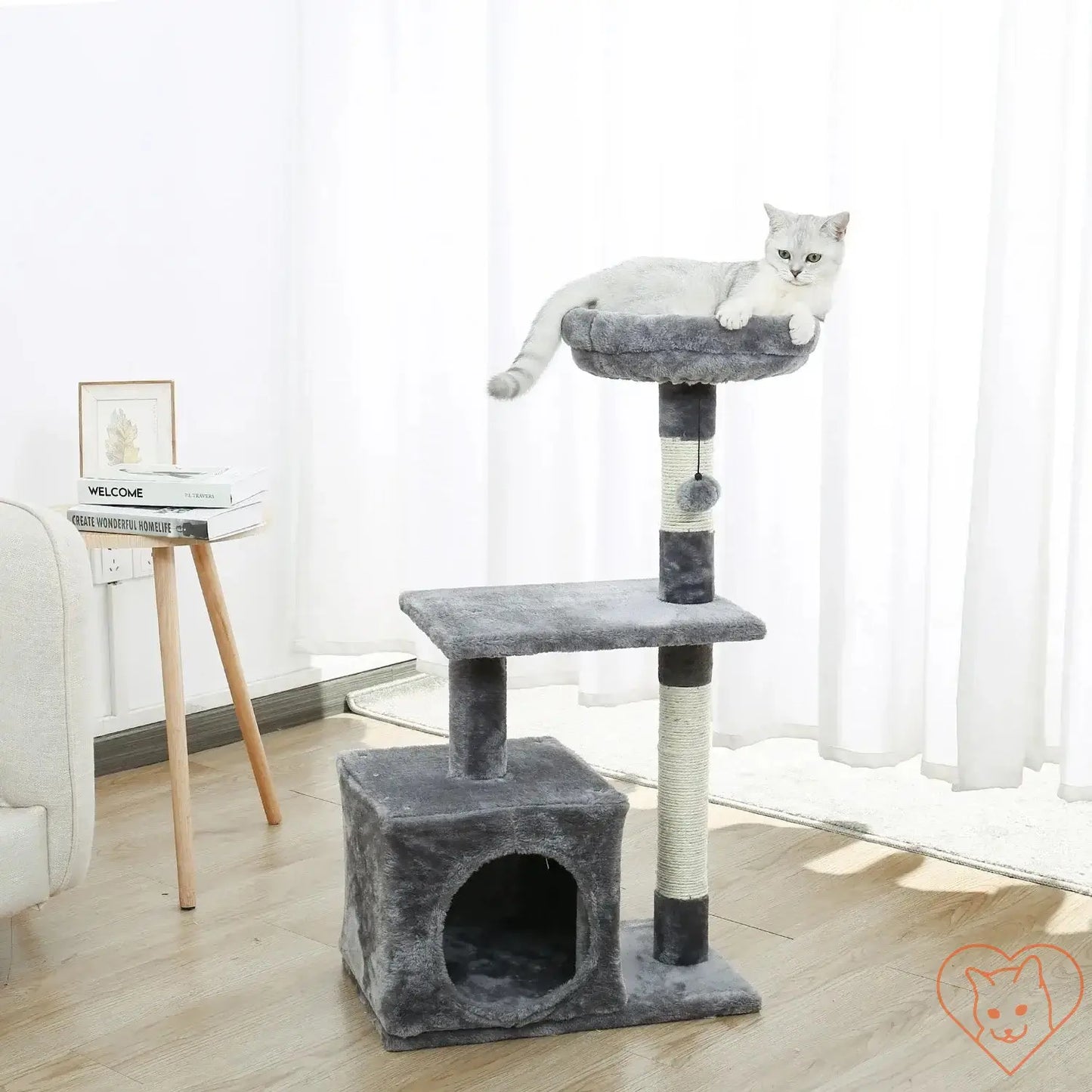 Gray 68-inch multi-level cat tree tower with condos and perch, featuring a relaxed cat on top.