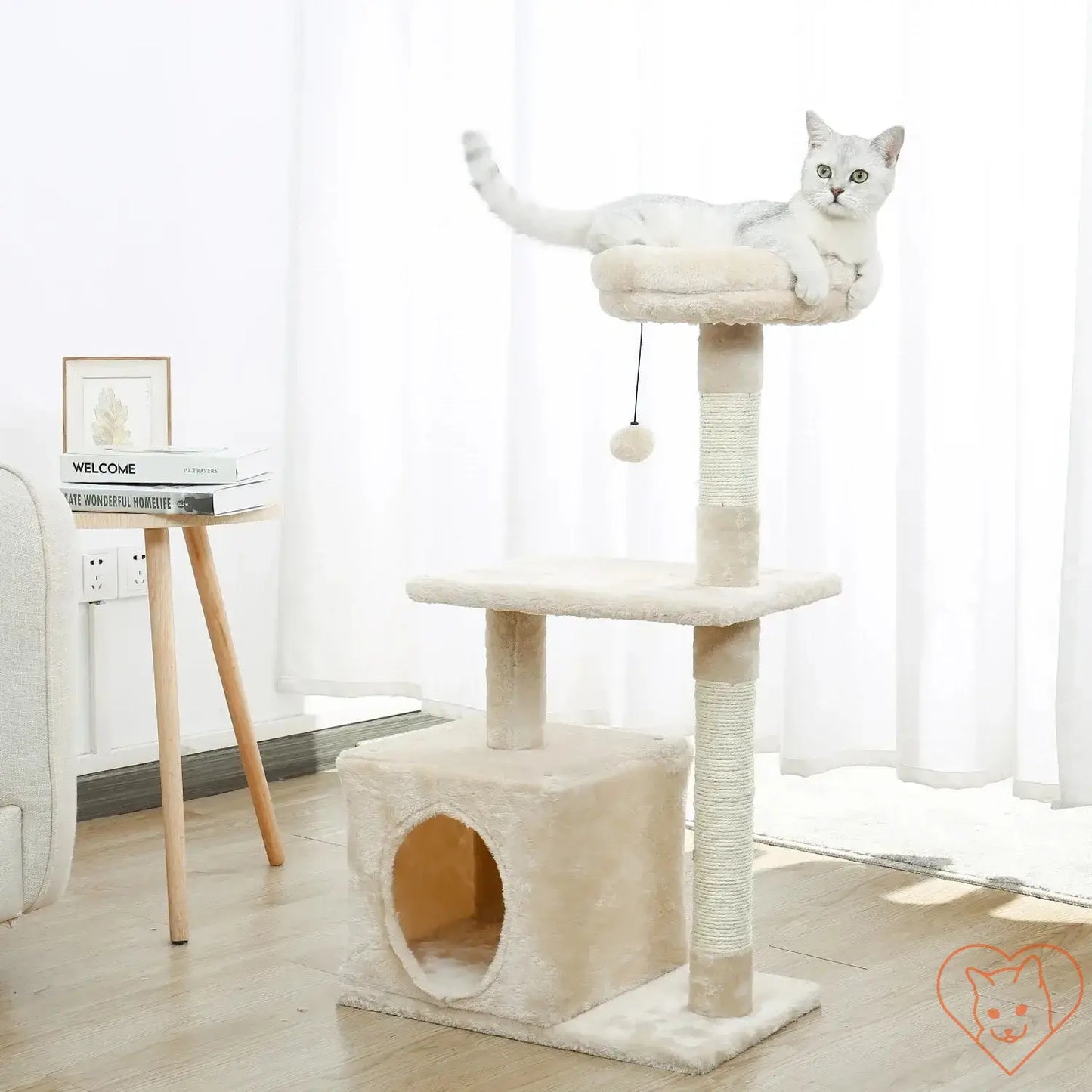 Gray cat lounging on the 68-inch multi-level cat tree tower with condos and sisal posts.