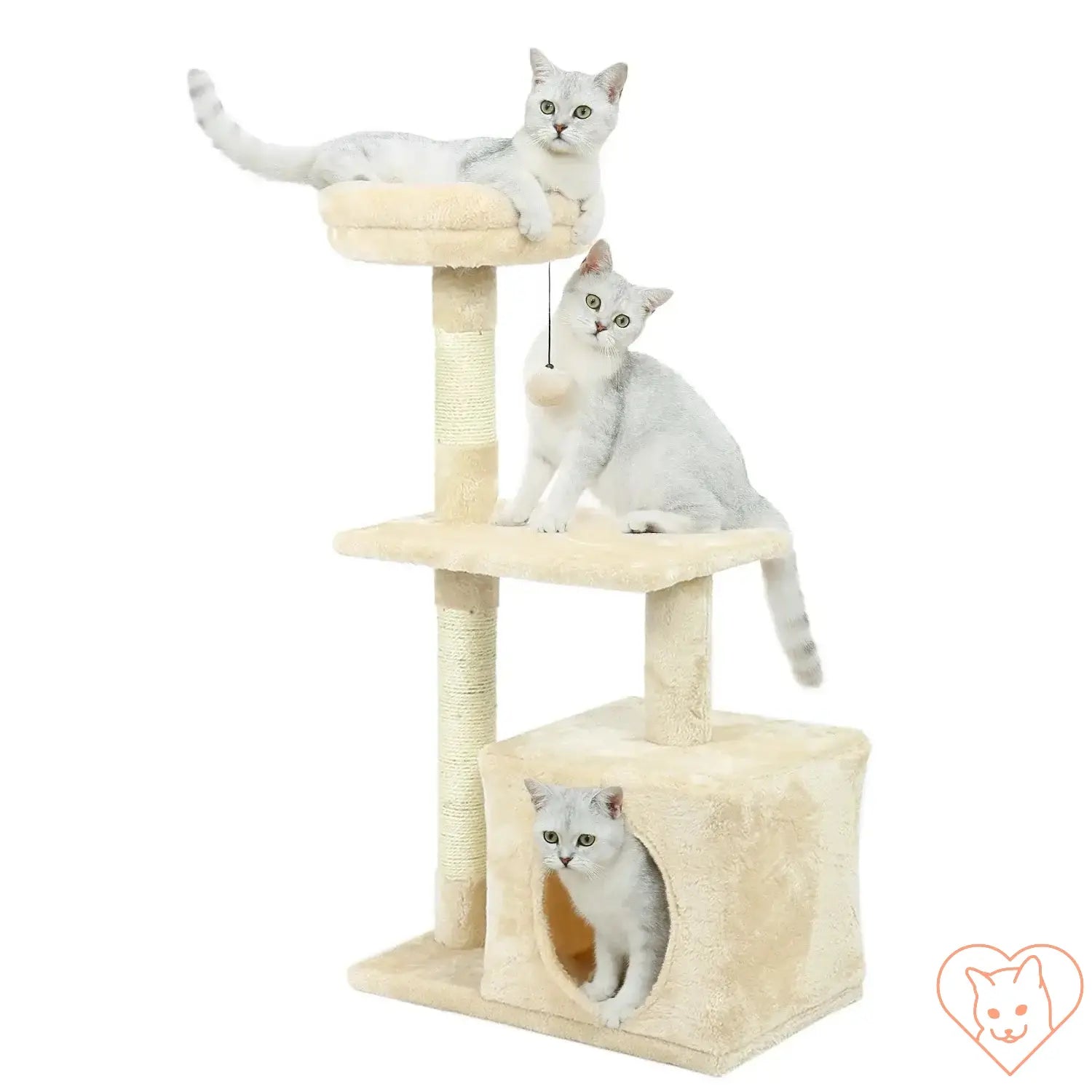 Three cats enjoying the 68-inch multi-level cat tree tower with condos and sisal posts.