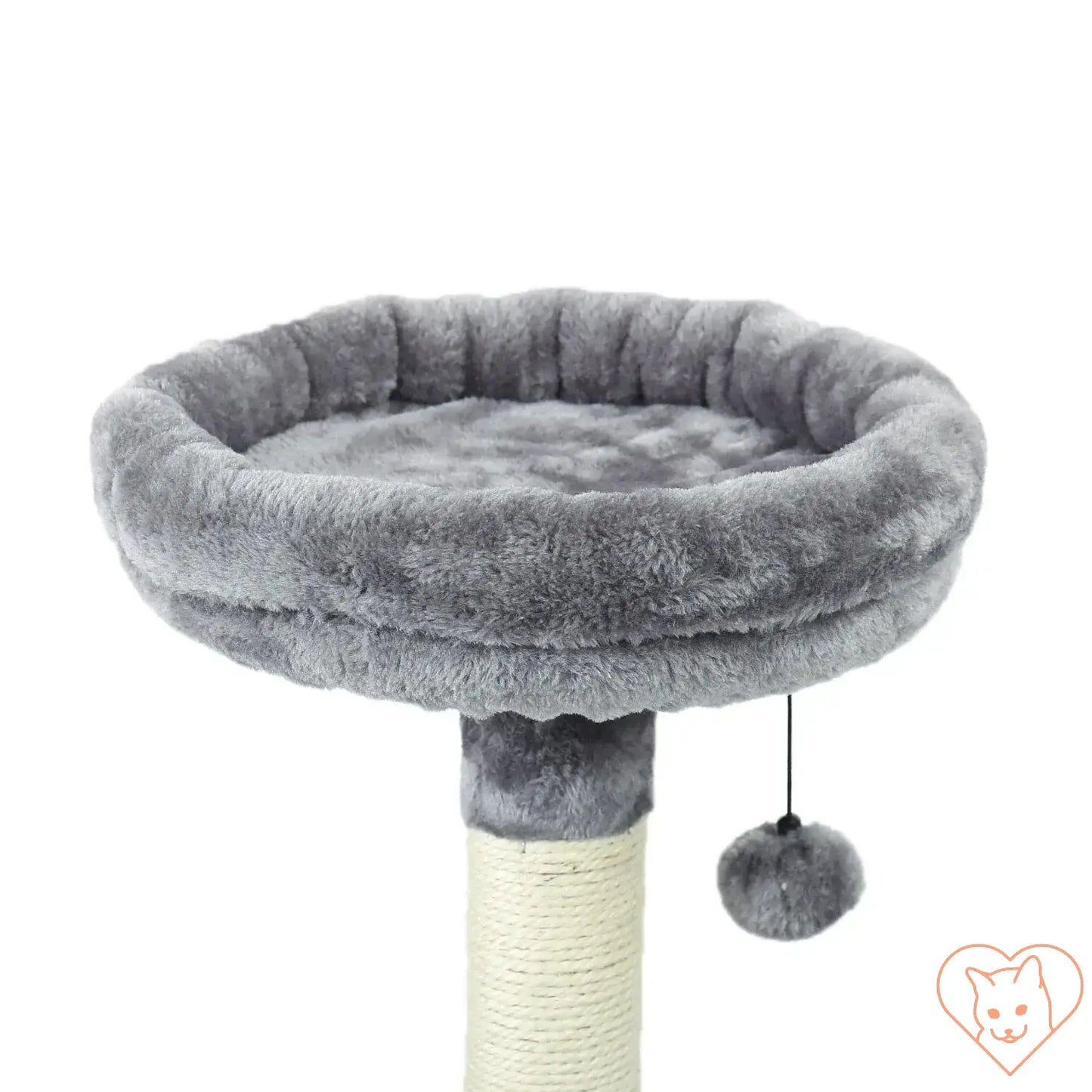 Cozy gray plush perch on a multi-level cat tree with a dangling pom-pom toy, ideal for cat relaxation and play.